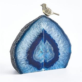 Yougoals Blue Agate Bookends for Shelves, Geode Crystal Book Ends for Heavy Books, Stone Decor with Rubber Bumpers 1 Pair 3-3.8LBS Home Decorative Unique