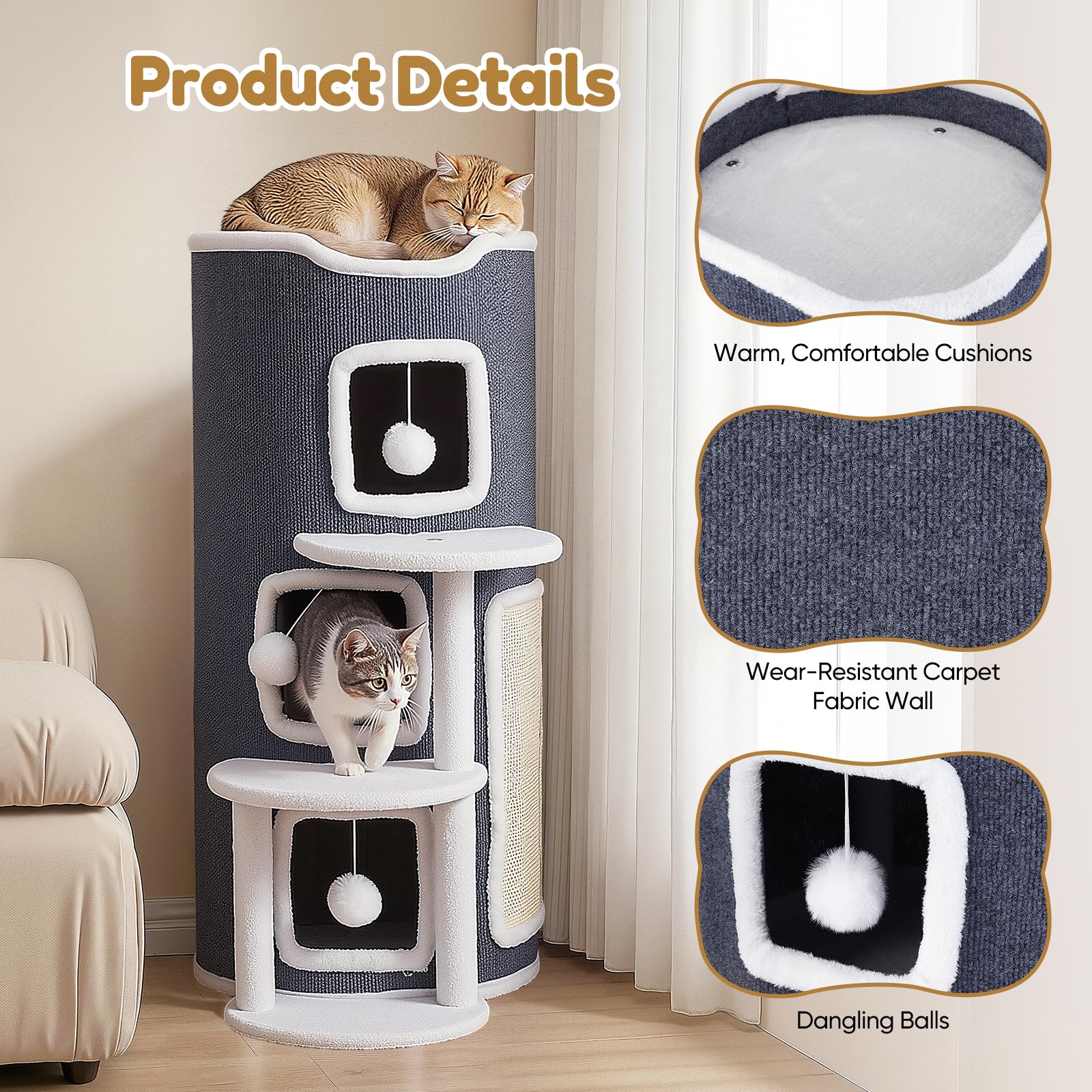 Cueva para Gatos de 4 Niveles, casa para Gatos con Tabla y Plataforma rascadora, 3 Cuevas + Plataforma de observación con 2 Plataformas de transición, Cubo para Gatos con Pelota de Juego, Estable y