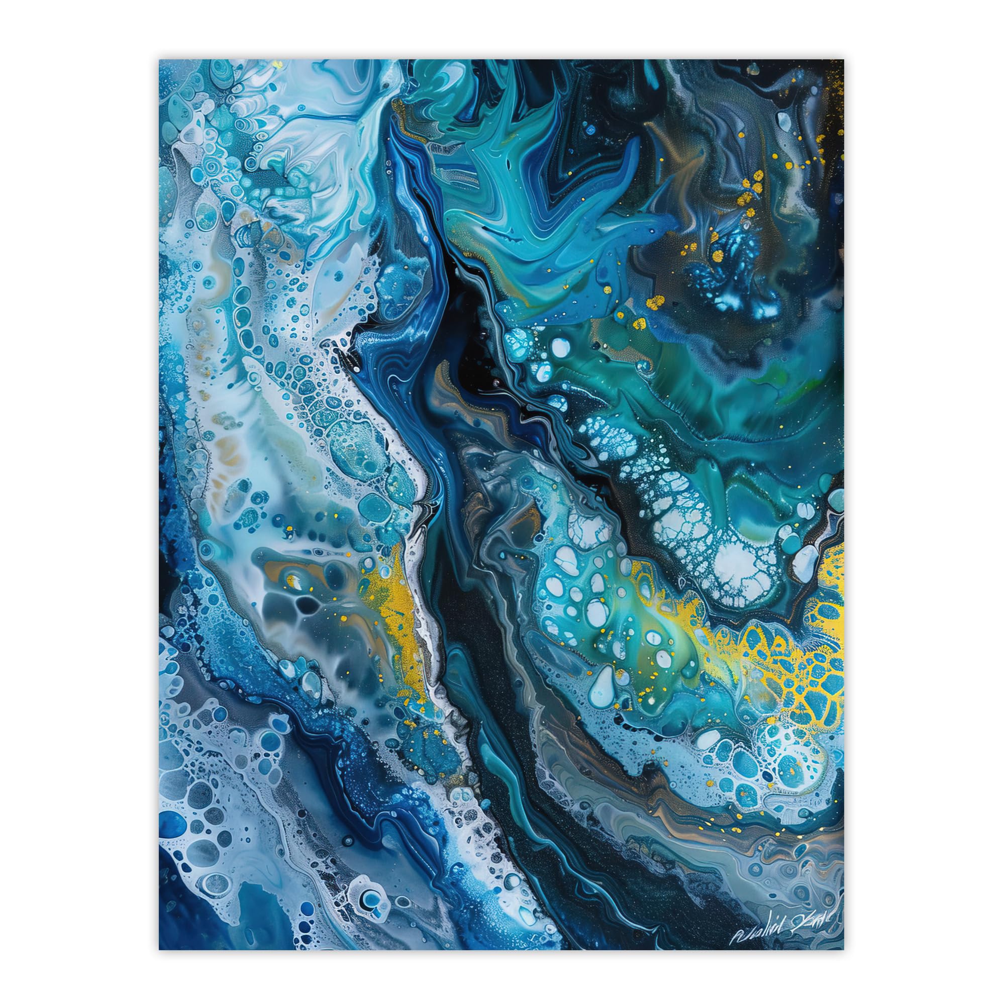 Artery8 Liquid Paint Teal Blue Yellow Abstract Painting Living Room Bathroom Large Wall Art Poster Print Thick Paper 18X24 Inch