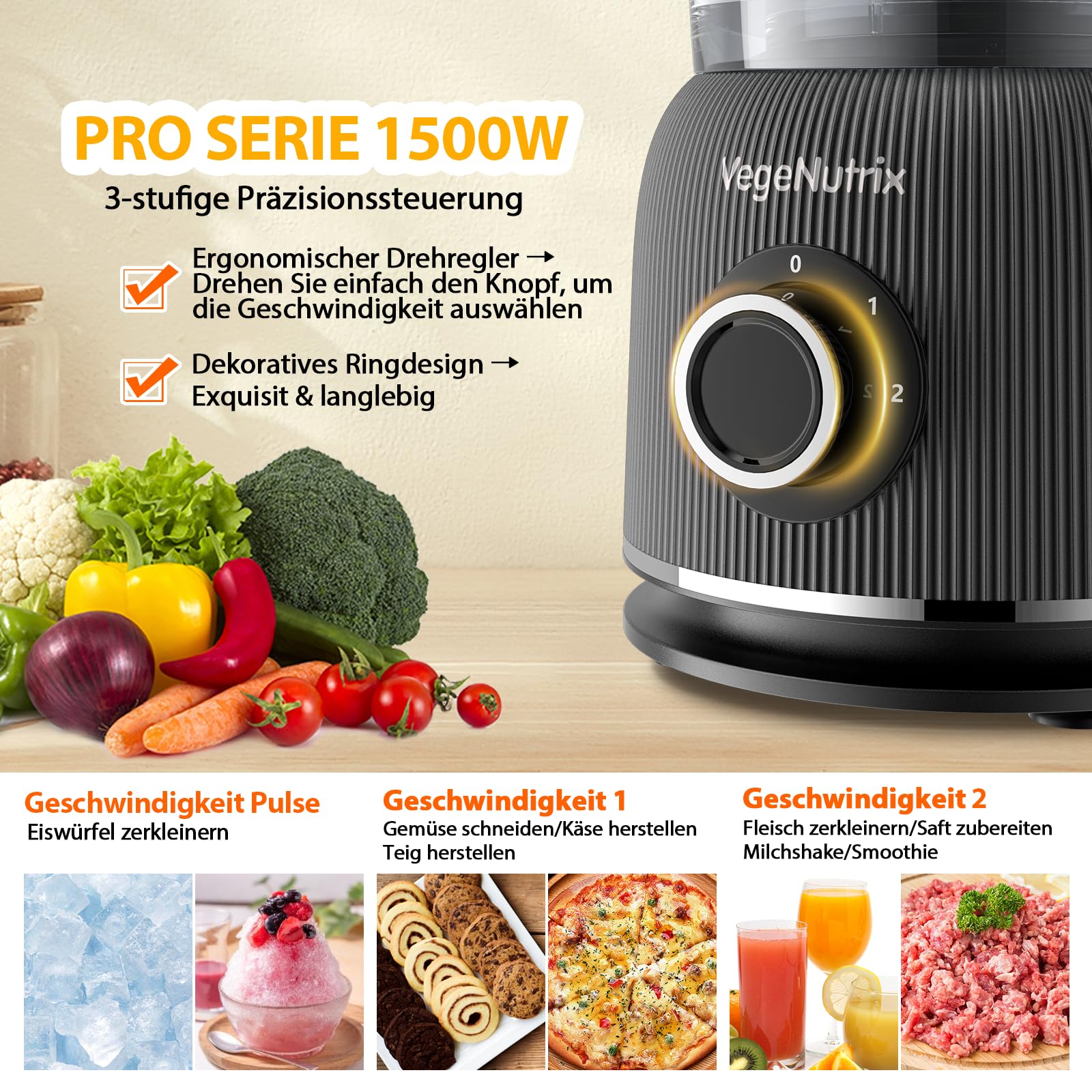 Robot de cuisine multifonction 1500 W, 11 fonctions, bol de 2,5 l et récipient de 1,5 l, mini hachoir, disque de coupe, presse-agrumes, hachoir à pétrissage