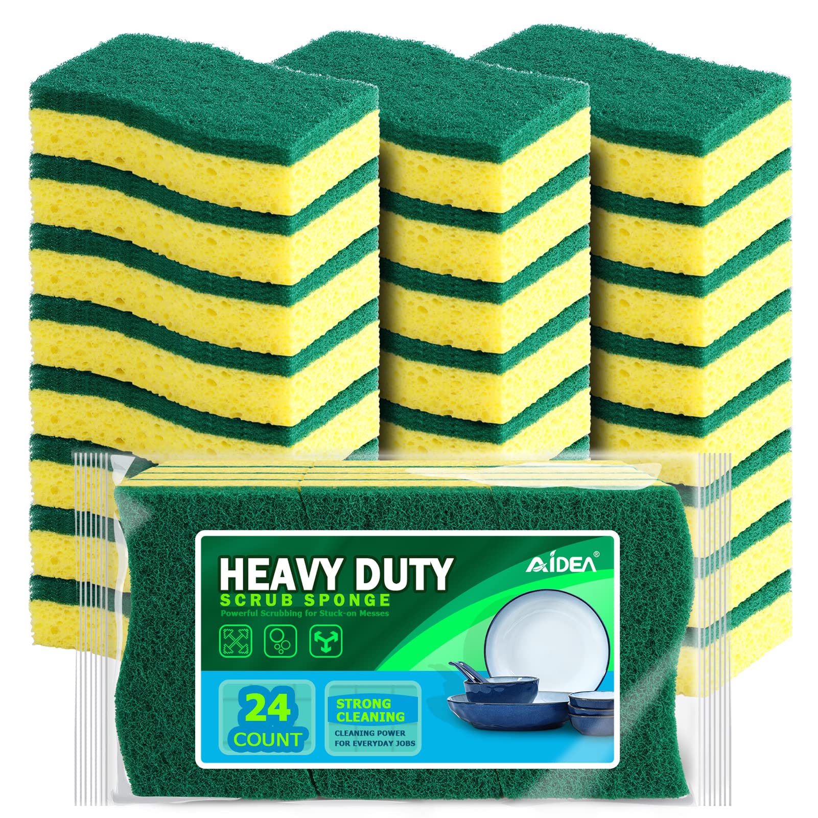 AIDEA Heavy Duty Scrub Sponge-24Count, Sponges for Dishes, Heavy Duty Cellulose Sponge, Cleans Fast Without Scratching, Cleaning Sponges for Everyday Jobs for Dishes, Pots, Pans