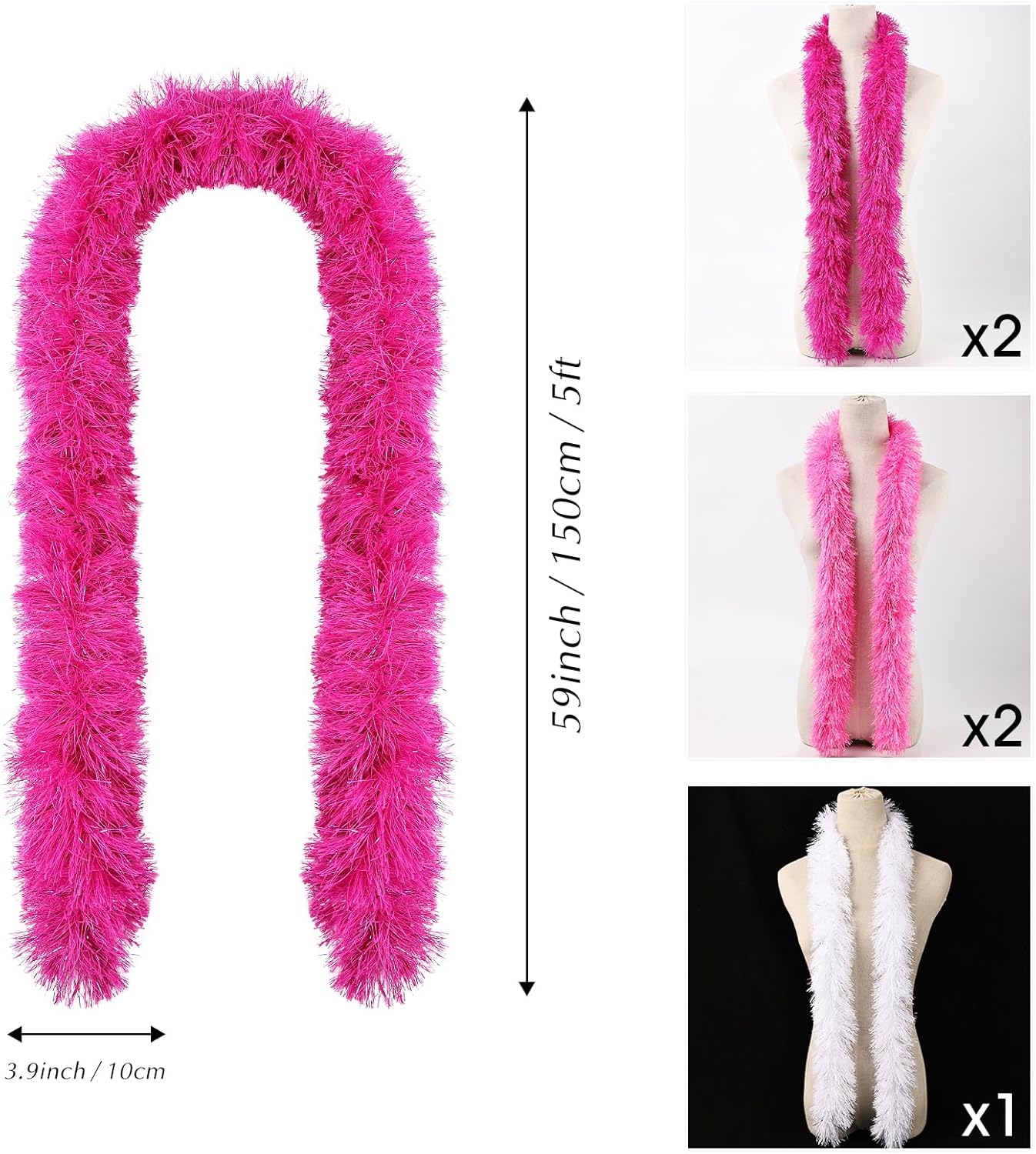 5pcs Feather Boa - Fuchsia Pink White Artificial Fluffy Boas Bulk 5 Ft for Wedding Birthday Tea Party Christmas Costume Decor - Image 3
