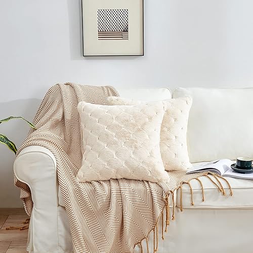 Miniatura 2 de Juego de 2 fundas de cojín decorativas de piel sintética a rayas para sofá, dormitorio, automóvil, 20 x 20 pulgadas, beige y blanco