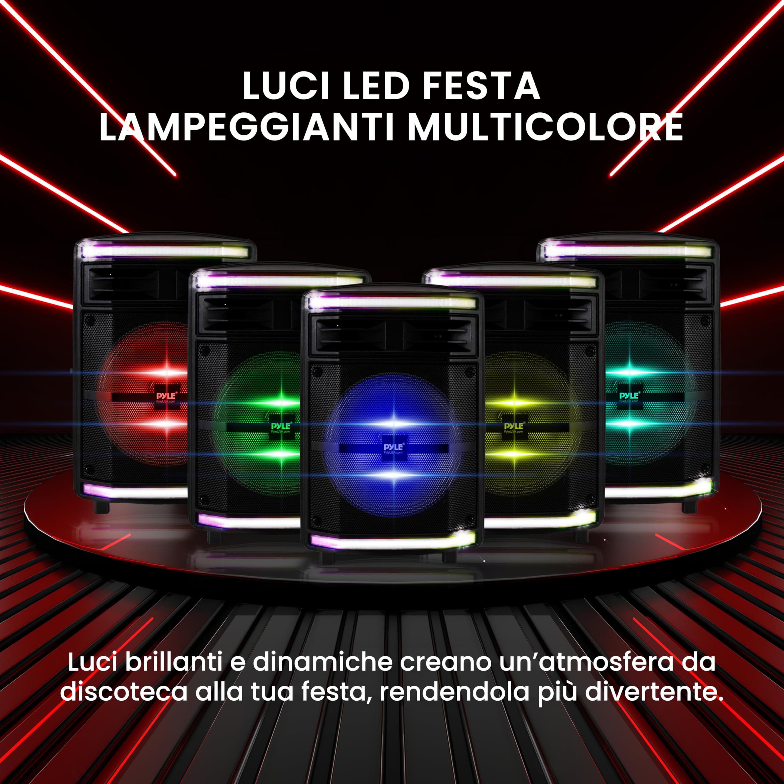 Pyle Speaker Bluetooth Portatile Ricaricabile da 600 Watt, Altoparlante Amplificato Portatile con Ingresso Microfono da 2,54cm, Luci da Festa, Lettore di Schede MP3/USB SD e Ruote Girevoli