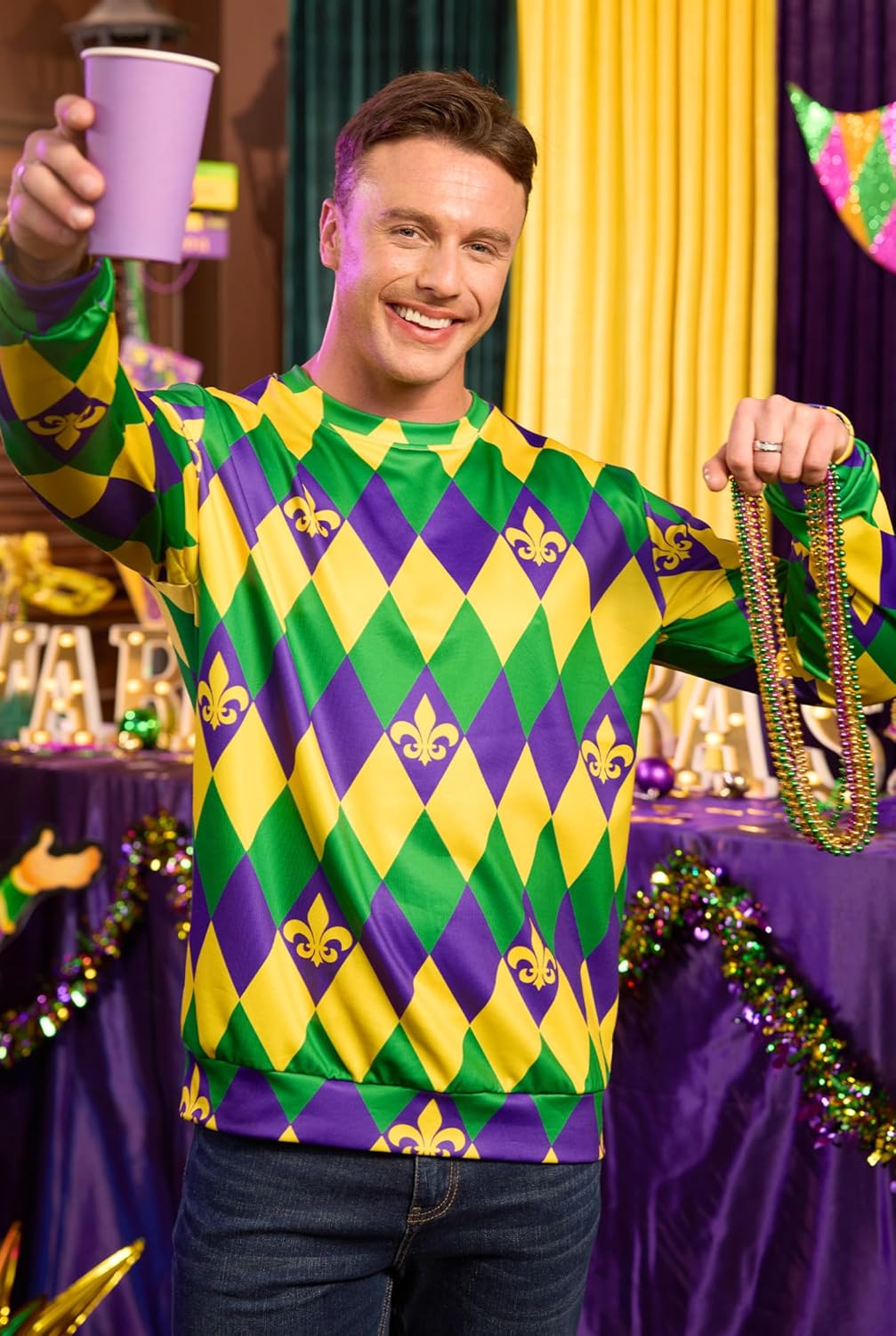 Arvilhill Mens Mardi Gras Sweatshirts Carnival Print Long Sleeve Crewneck Classic Pullover (S-3XL)