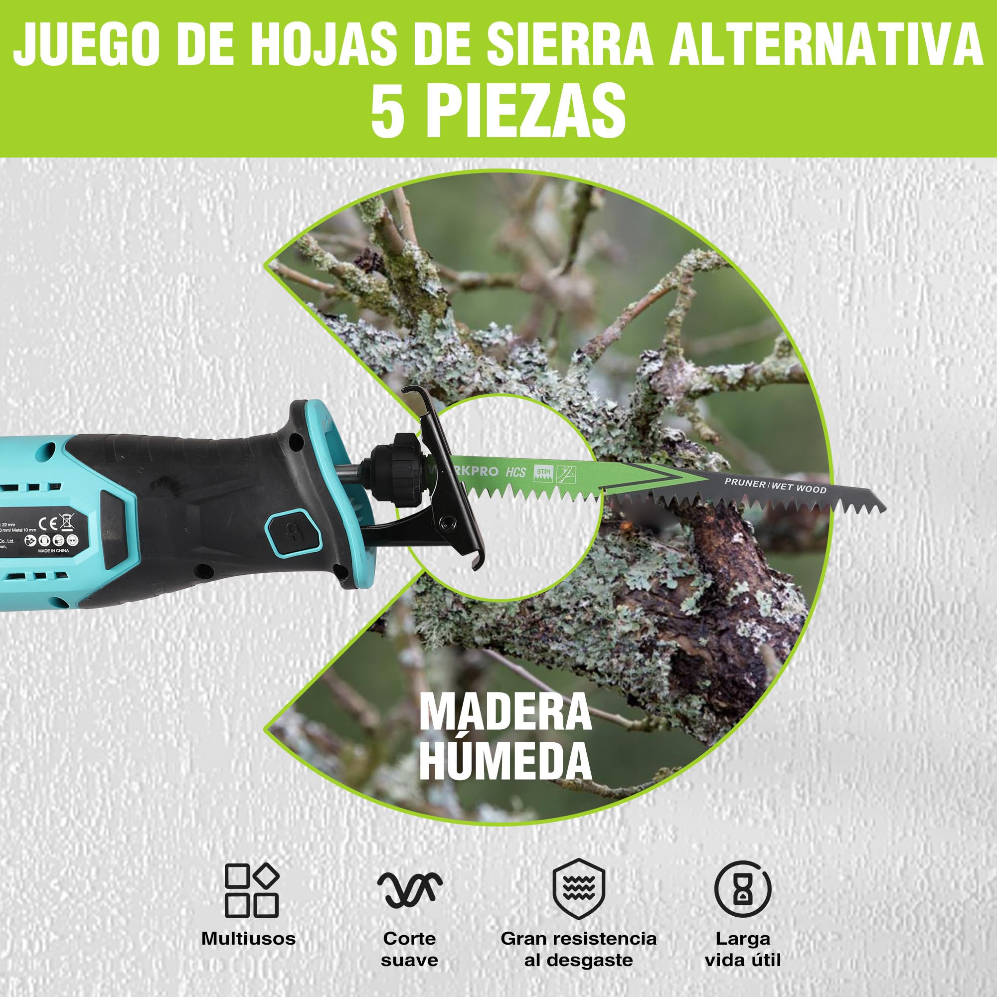 WORKPRO Hojas de Sierra Sable 5 Piezas, Cuchillas para Madera 230 mm, Accesorios de Corte para Poda y Jardín, Compatibles con la Mayoría de Sierras de Sable, con Caja de Plástico