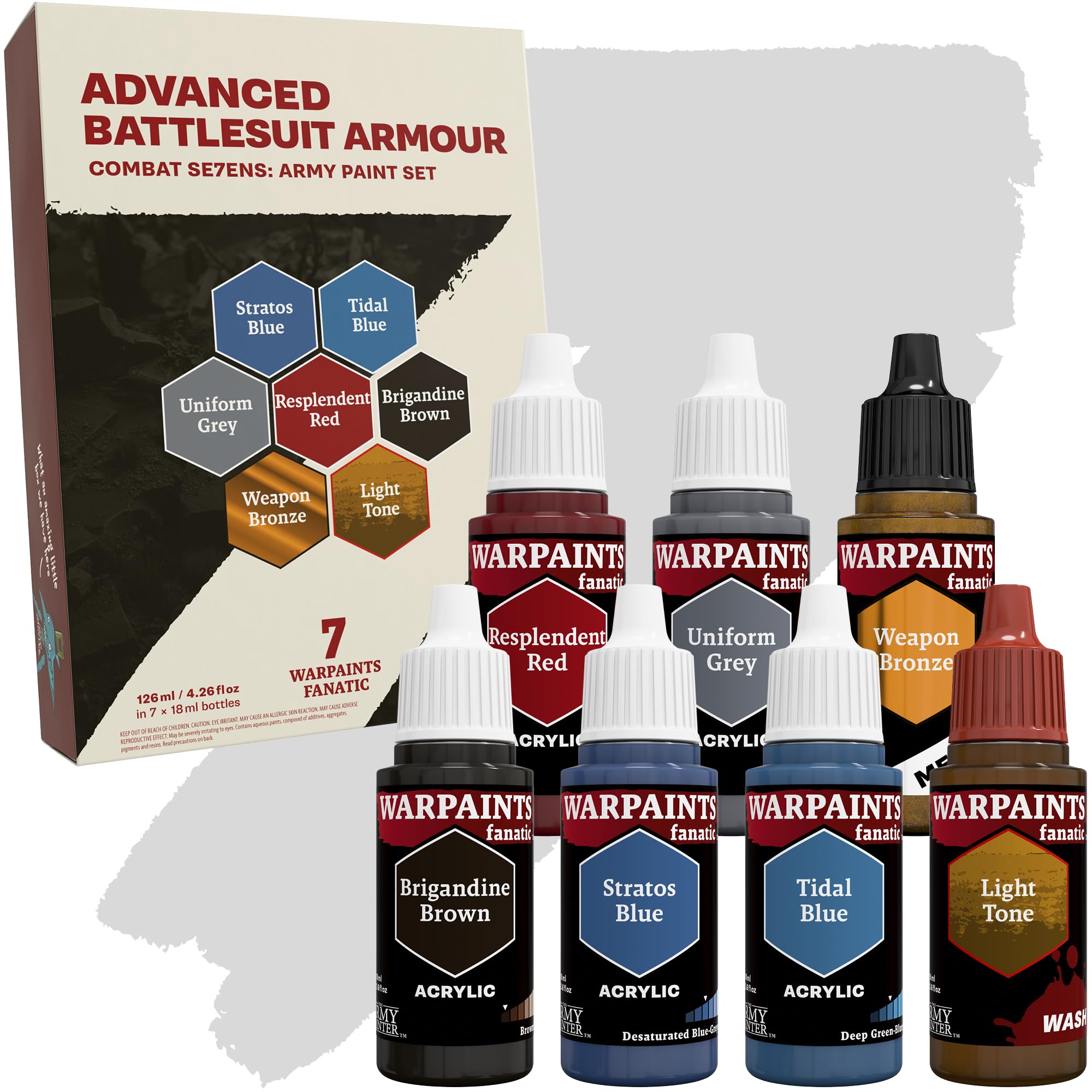 The Army Painter, Combat Se7ens: Advanced Battlesuit Armour, 7 x 18 ml Warpaints Fanatic: 5 Acrylic, 1 Wash, 1 Metallic, Perfect for Miniature Quality Hobby Paints for DnD & Warhammer Figures