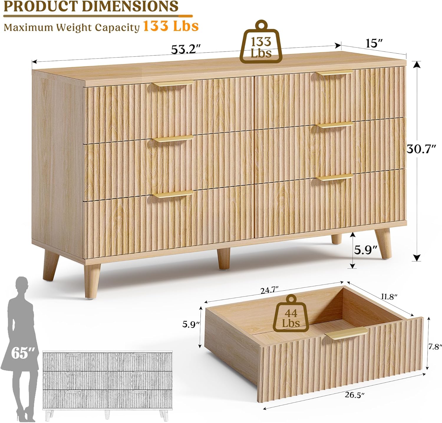 Lulive Dresser for Bedroom Wood Dressers Chest of Drawers, Fluted 53.2" Wide Modern Long Dresser TV Stand 6 Drawers for Bedroom, Closet, Living Room, Hallway (Natural) - Image 2