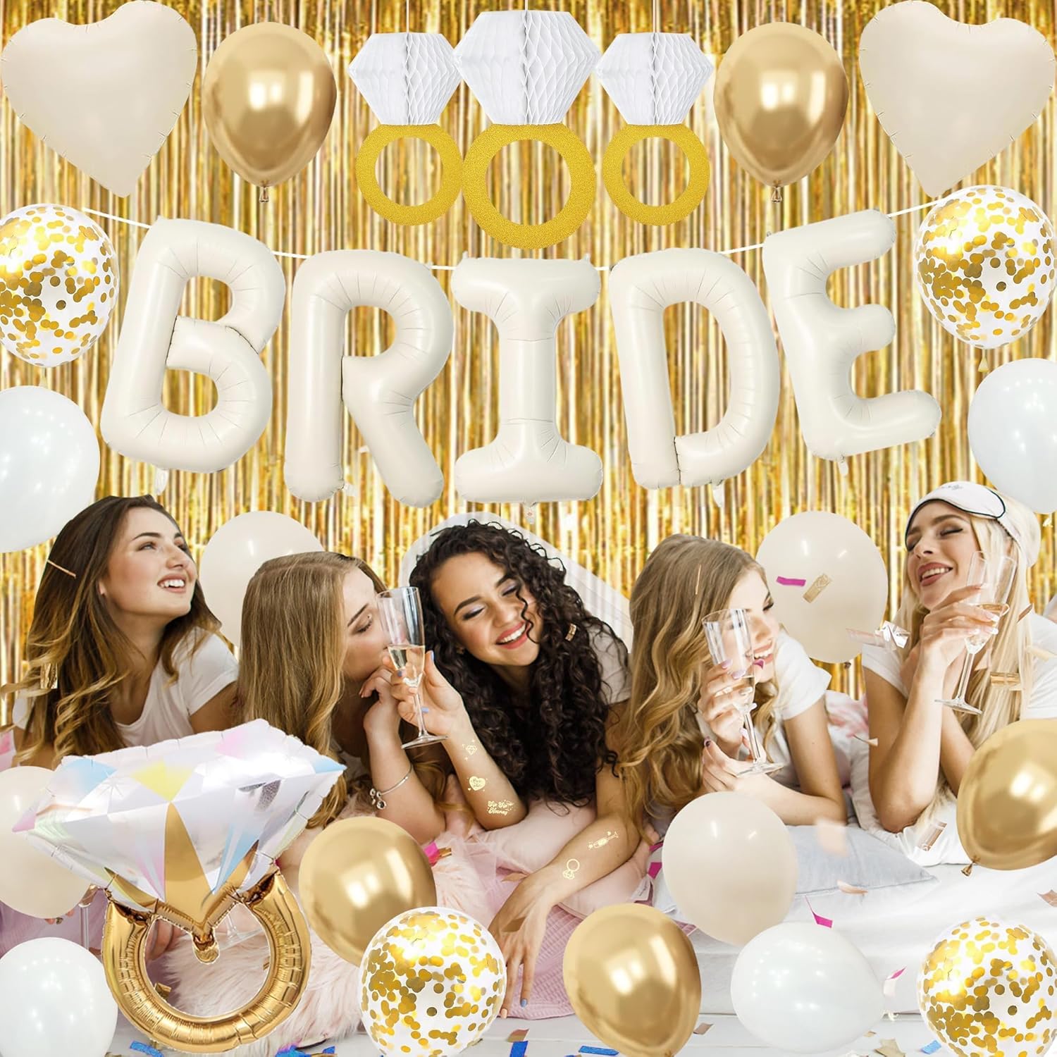 Vlipoeasn 39PCS Bachelorette Party Decorations Kit, Sand White Bride to Be Party Decorations, Bride to Be Sash & Veil, Tattoo Sticker, Foil Curtains, Balloons, Bridal Shower Party Supplies - Image 8