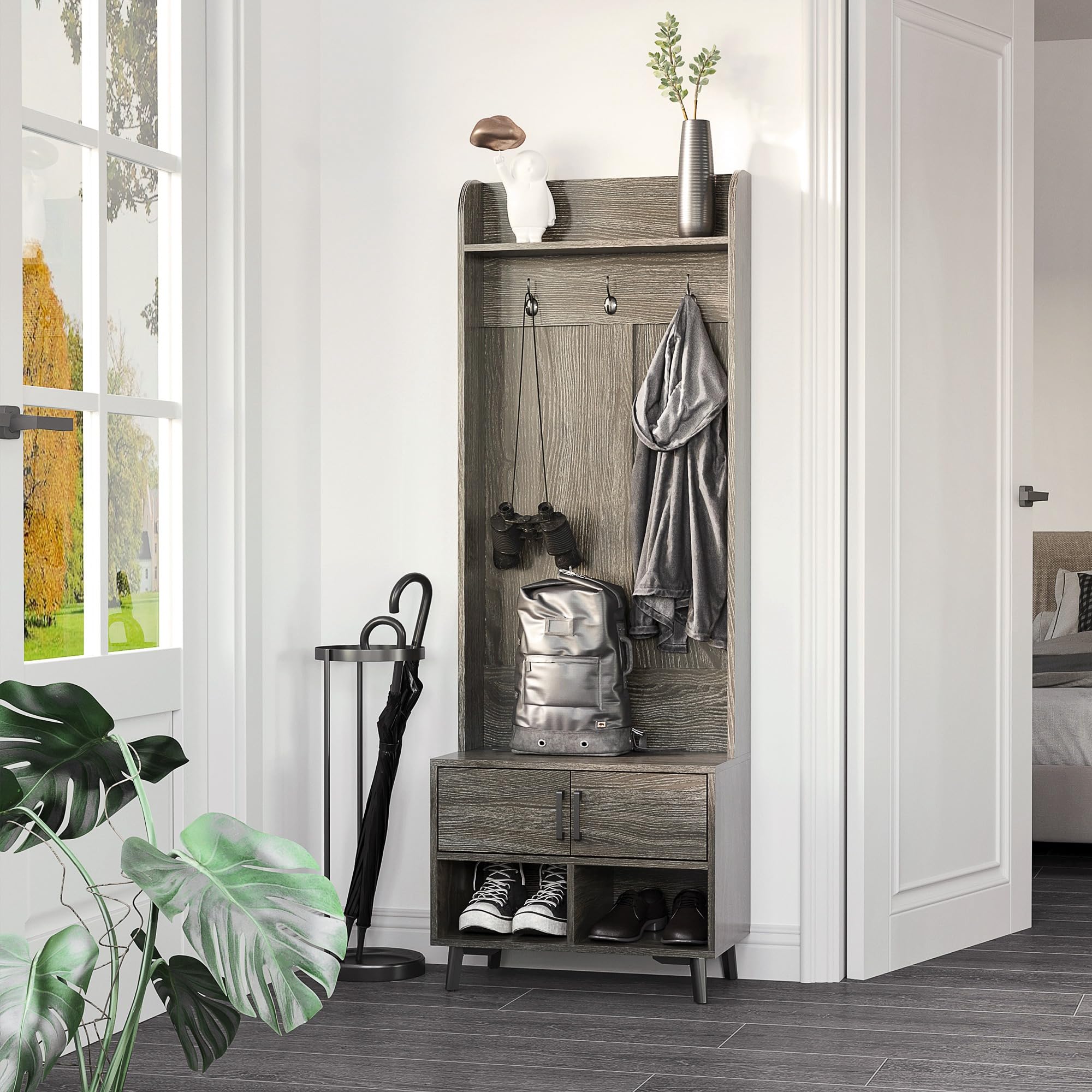 HOMCOM Perchero con Zapatero Recibidor con 3 Ganchos 60x34x170 cm Gris | Perchero Entrada, 2 Puertas, 2 Compartimientos, Estante de Almacenamiento, para Pasillo