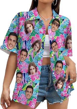 Custom Hawaiian Shirt W/Face for Women Personalized Floral Shirts w/Photo Tropical Beach Shirts