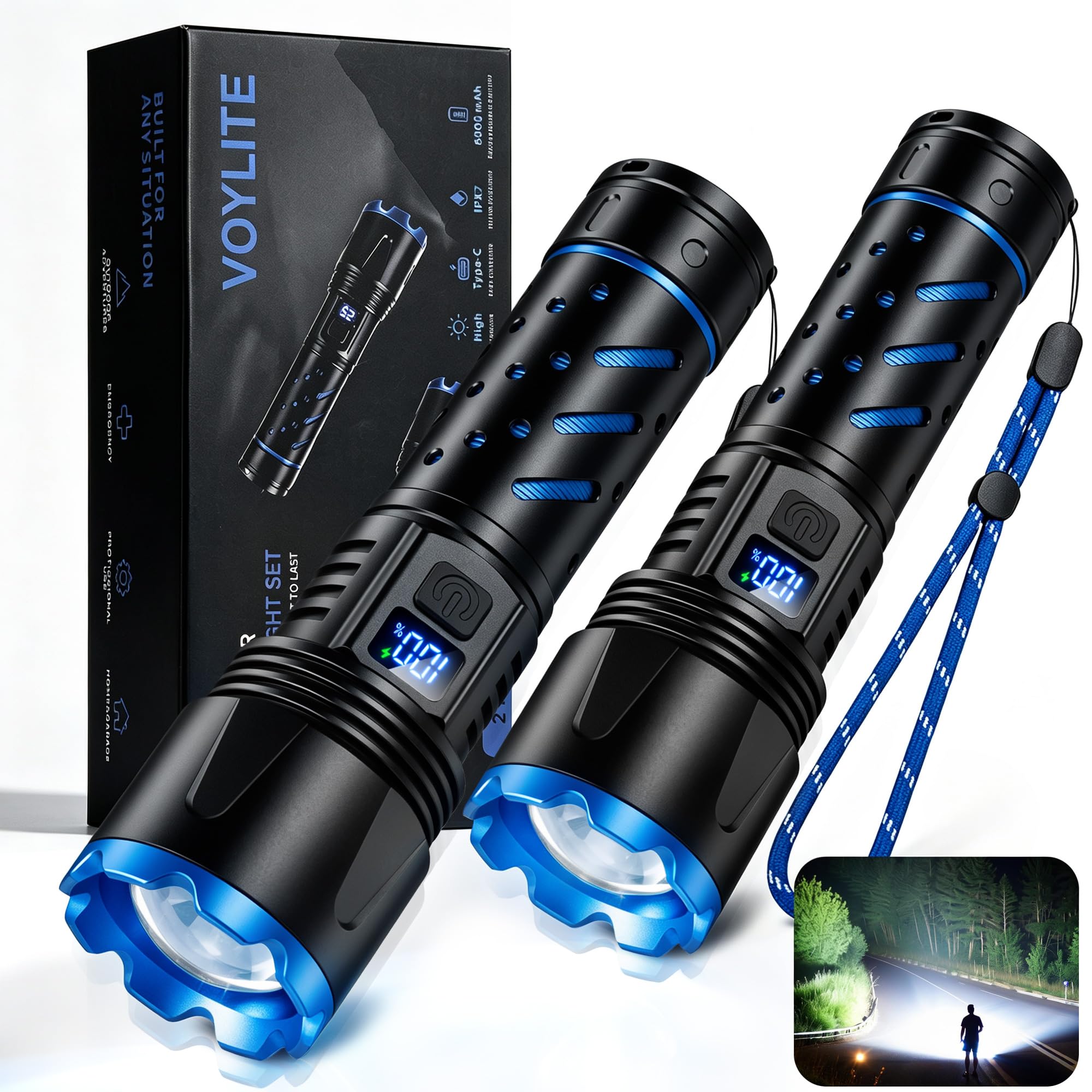 Voylite 1000000 Lumens LED Taschenlampe Aufladbar Extrem Hell 2 Stück, Zoom | 24Std Betriebszeit, USB-C, 3000m Leuchtweite, 3 Modi, Reverse Charging, IPX7 Wasserdichte Flashlight für Camping, Notfäll