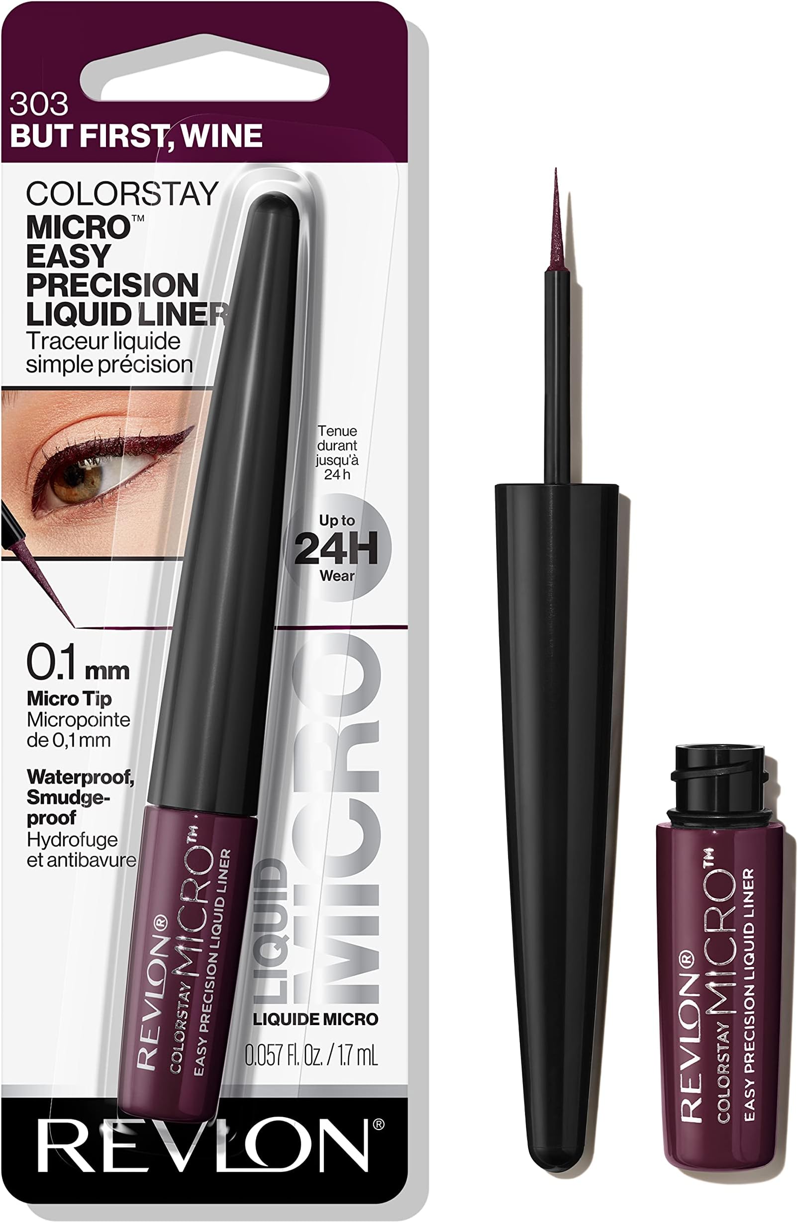 REVLON ColorStay Micro Easy Precision Liquid Eyeliner, Waterproof, Smudgeproof, Longwearing with Felt Tip Applicator, 303 But First, Wine, 0.057 fl oz