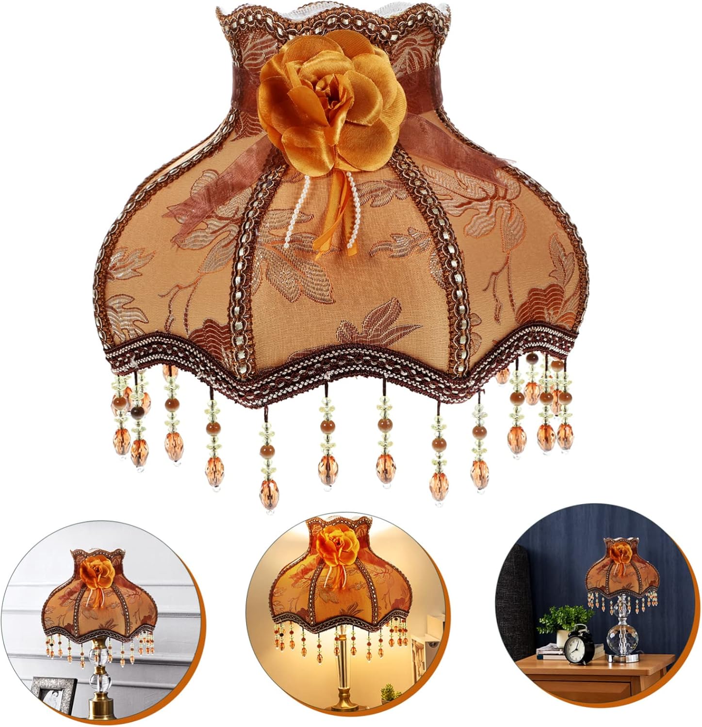 Uonlytech Vintage European Embroidery Cloth Lace Lampshade Replacements with Pendant Beads Large Dome Shaped Fancy Bedside Lamp Shade for Bedroom Living Marriage Room, 1 Pack, Coffee