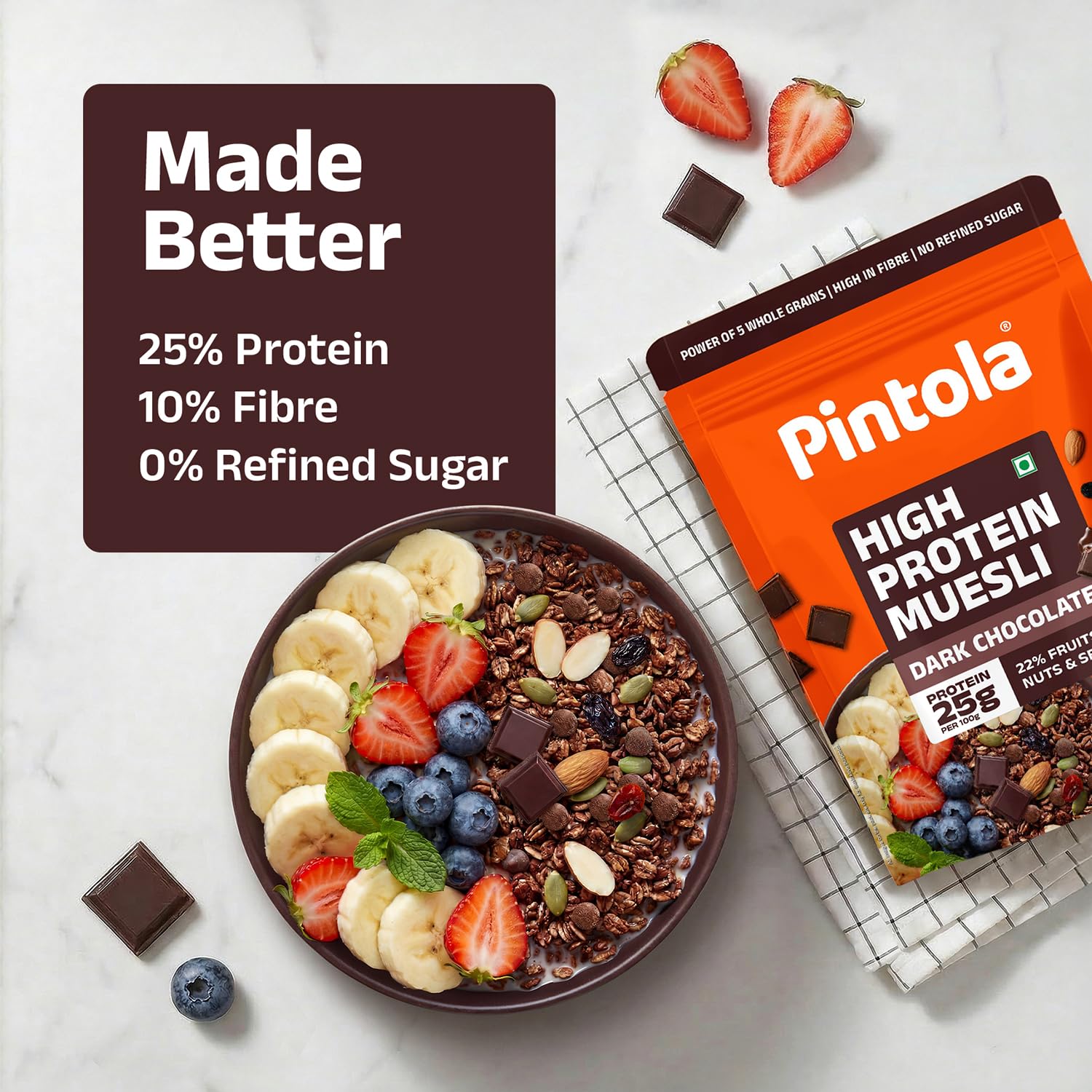 Pintola 25g High Protein Dark Chocolate & Cranberry Muesli 400g, No Refined Sugar, High Fibre, Breakfast Cereal 1