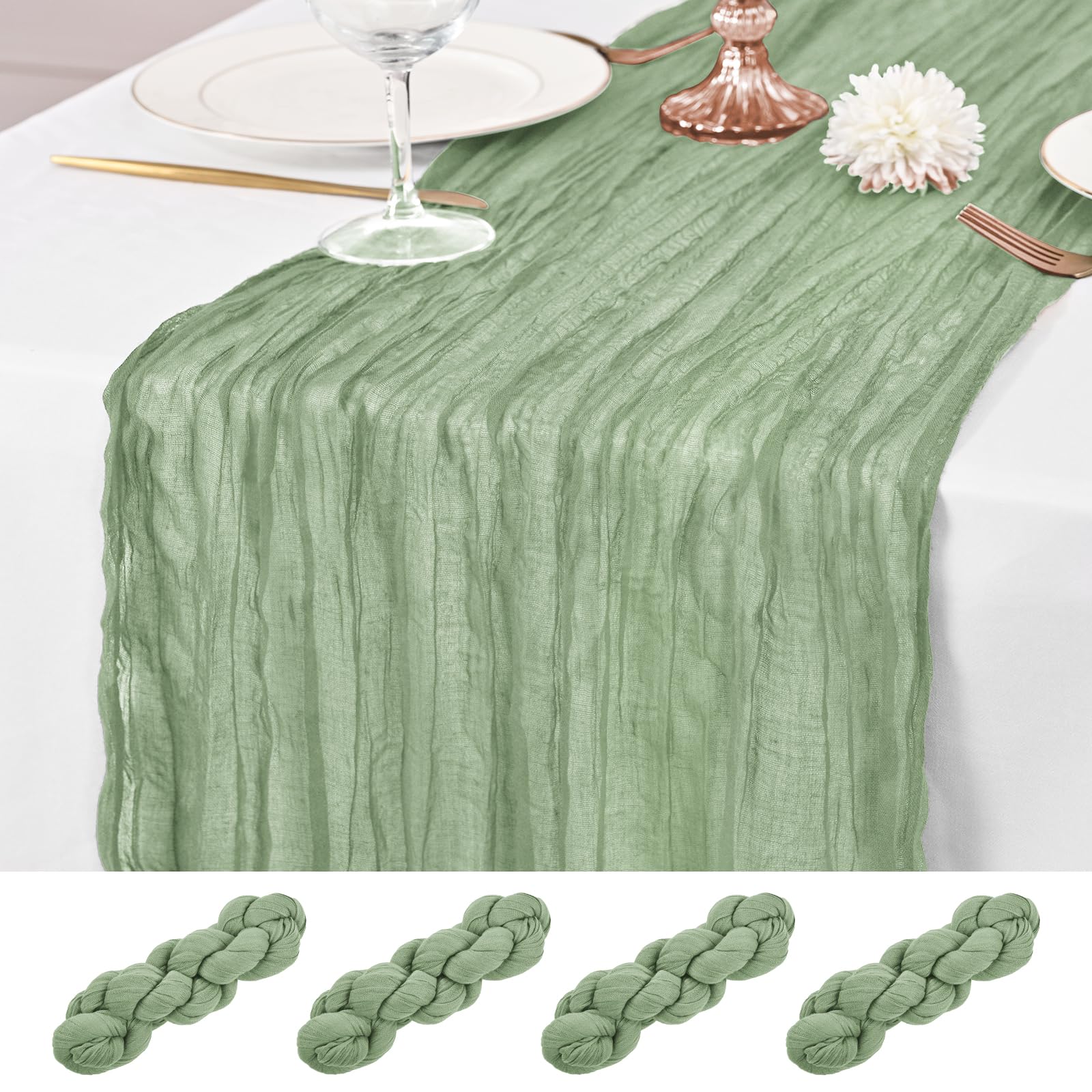 4 Pcs Sage Green Cheesecloth Table Runner, 21x120 inch Sage Green Table Runner Rustic Gauze Romantic Long Sheer Fabric 10Ft Cheese Cloth Table Runners for Wedding Party Bridal Baby Shower