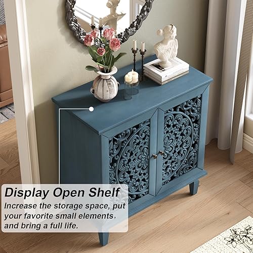 Miniatura 6 de Armario de buffet con 2 puertas y 1 estante, aparador tallado de madera con hueco tallado pequeño armario de almacenamiento de acento de barra de