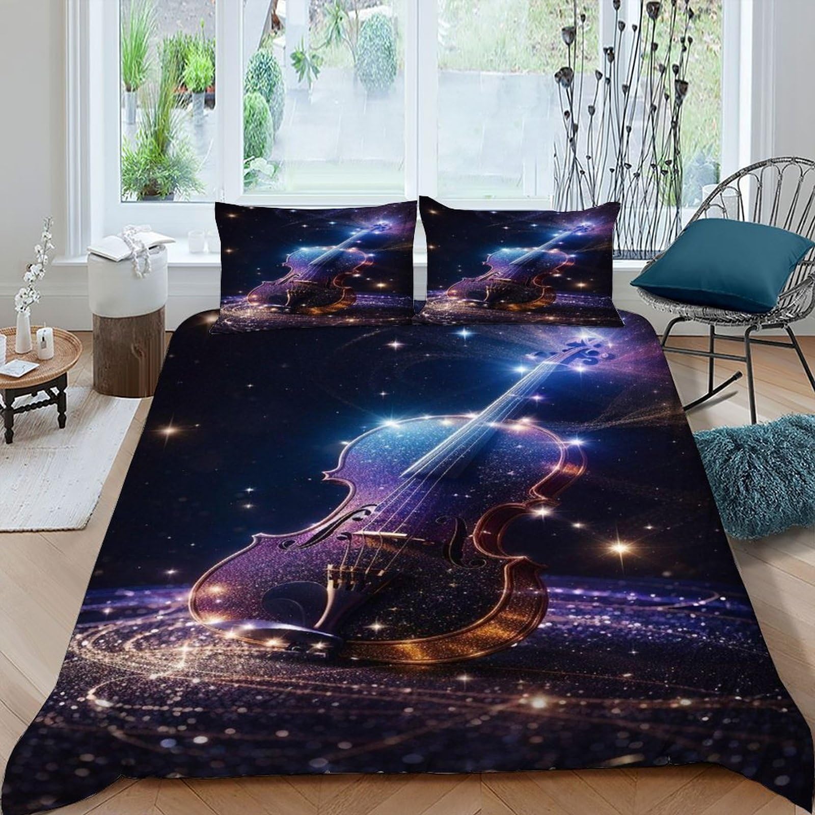 Housse de couette violon ciel étoilé king size parure lit musique
