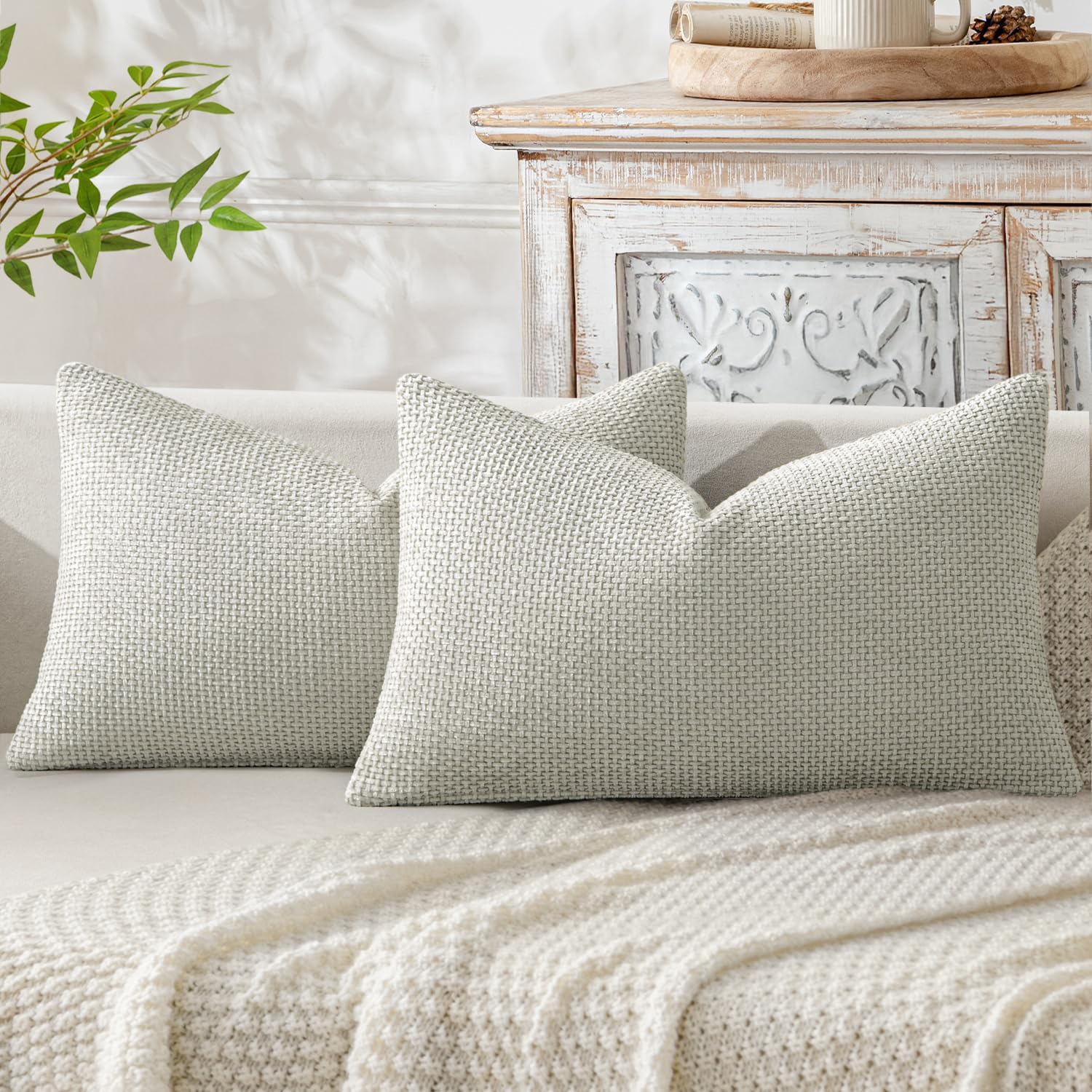 MIULEE Dercorative Lumbar Throw Pillow Covers 12x20 Inch Grey-White 2 Pack