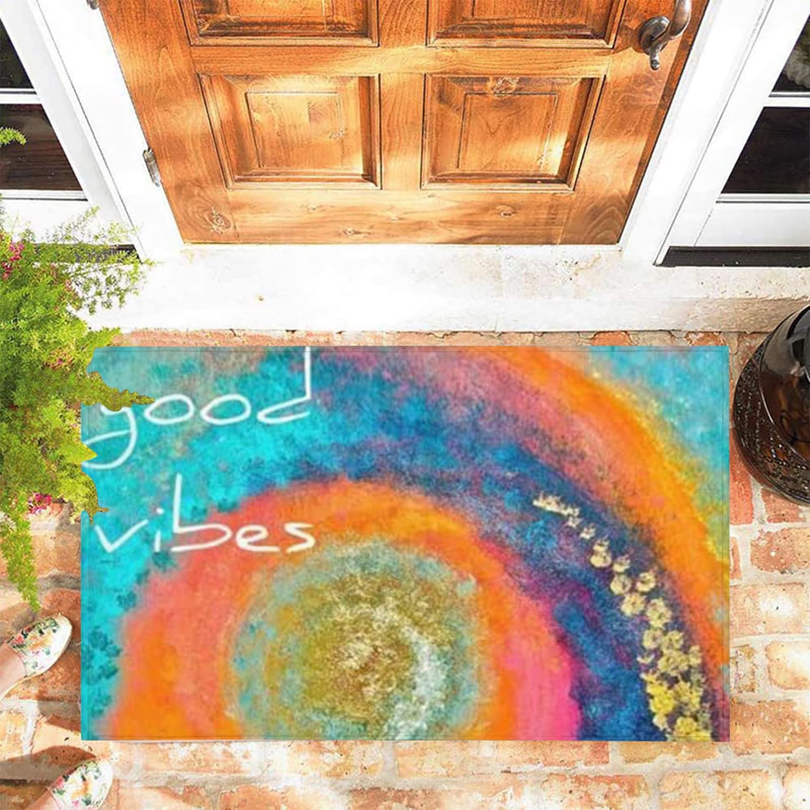 JOOCAR Door Mat Colorful Tie Dye Trippy Art with Funny Saying Good Vibe Door Mats for Indoor, 45x75 cm, Non-slip Entrance Rug Machine Washable Soft Doormats for Kitchen Bathroom Bedroom