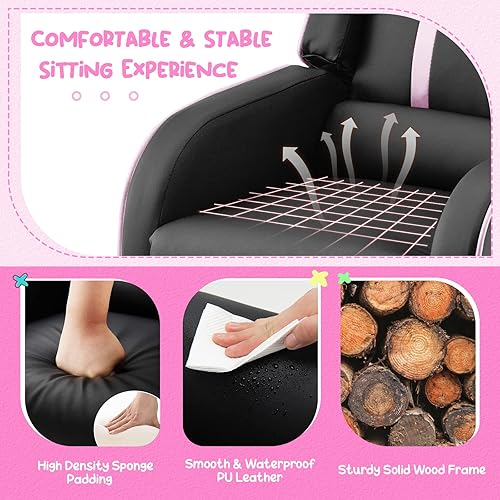 Miniatura 7 de Costzon Silla reclinable para niños, silla reclinable para juegos con bolsillos laterales, reposapiés, reposacabezas y soporte lumbar para rosado,