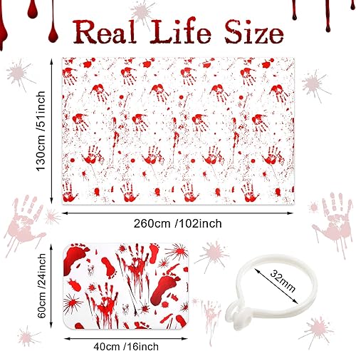 Miniatura 2 de Juego de 6 cortinas de ducha de huellas de manos sangrientas de Halloween, incluye cortina de ducha sangrienta, tapete de puerta con huellas de