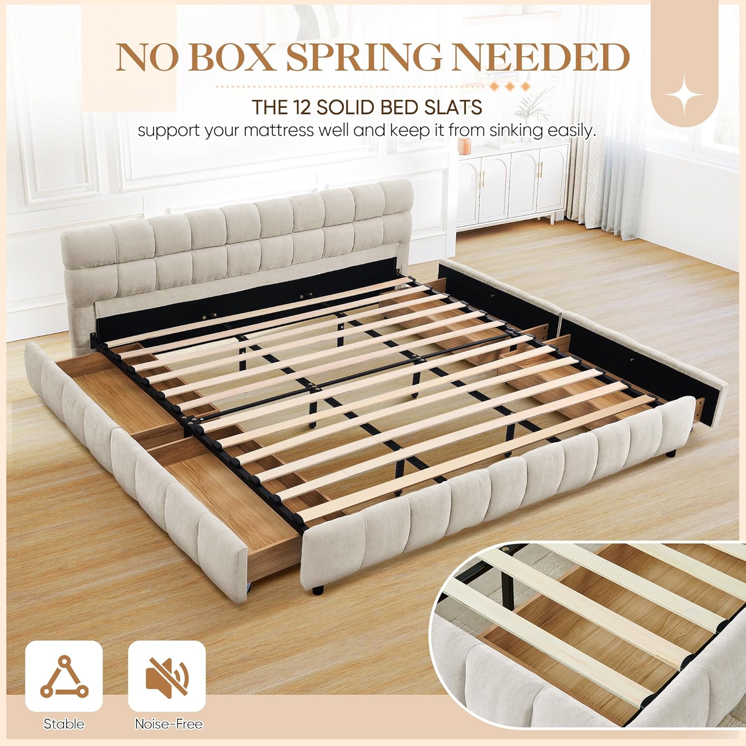 Upholstered Bed Frame King Size with 4 Storage Drawer & Tufted Headboard, Modern Chenille Floor Bed with Wood Slat Support, No Box Spring Needed for Bedroom Guest Room, Easy Assembly,Beige