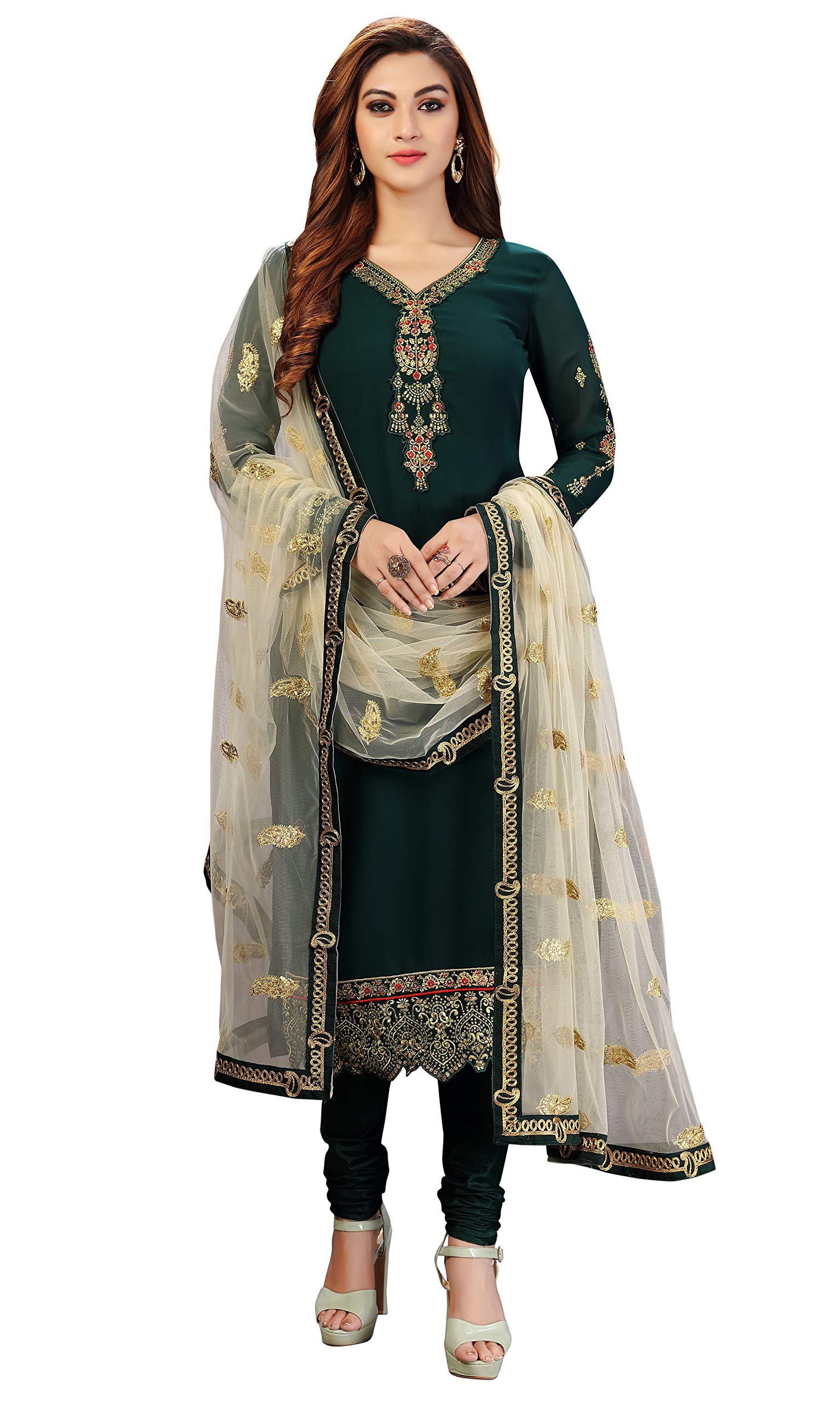 PANASH TRENDSWomen's Georgette Embroidery Salwar Suit Unstitched, Green, Free Size