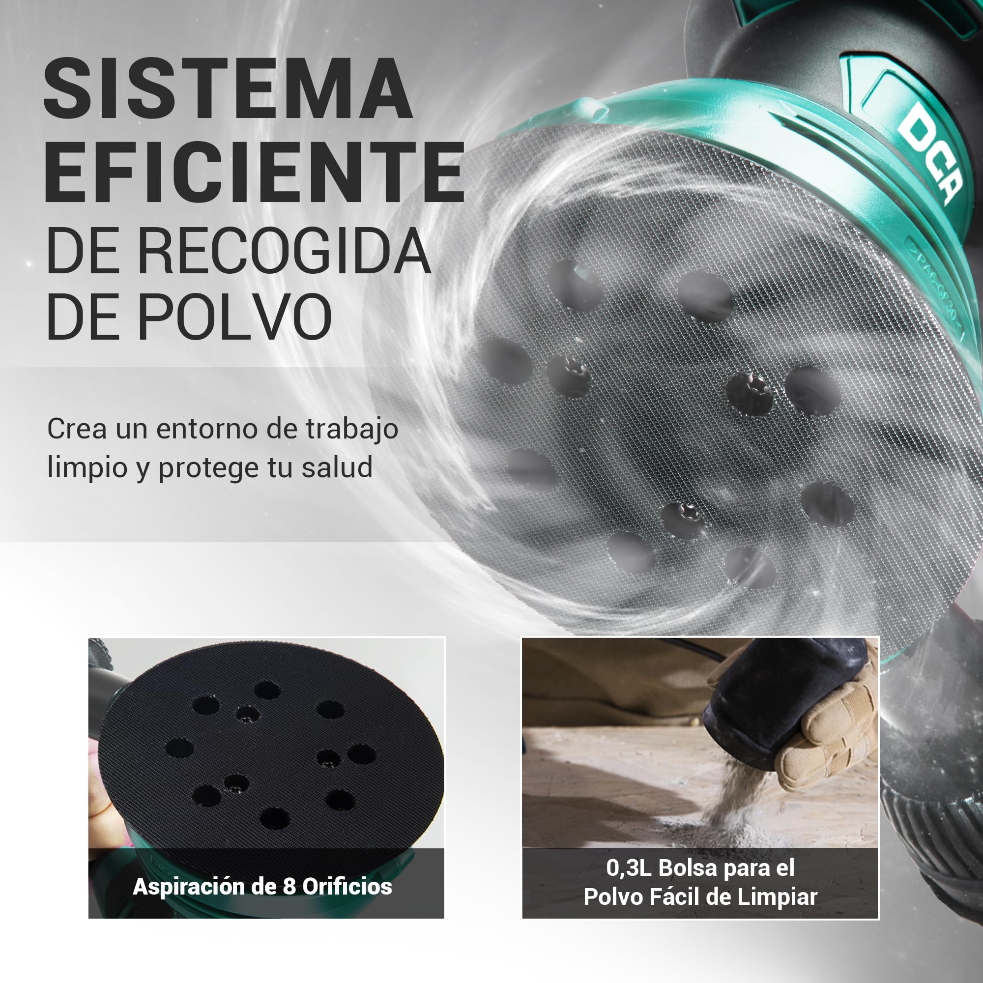 DCA Lijadora Orbital 300W, 6 Velocidades 12000RPM Lijadora Madera, Lijadora Eléctrica con Recogida de Polvo, 10psc 125MM Lija para superficies de madera y acero, lijado y pulido de madera, DIY