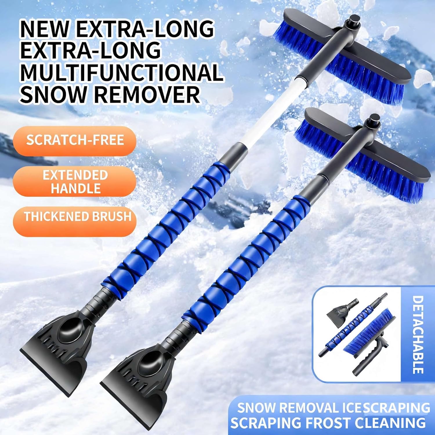 39" extendable snow brush with ice scraper & squeegee for car windshield,rotating auto snow brush with foam grip,heavy duty car snow brush and ice scraper combo for truck suv,blue