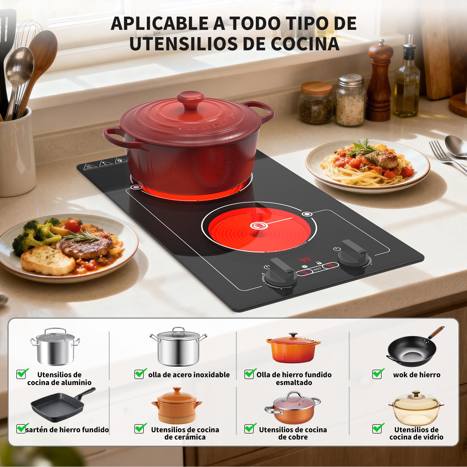 VBGK vitro portatil 2 fuegos, 220V 3000W placa vitroceramica con botón de control, 9 niveles, bloqueo y temporizador para niños