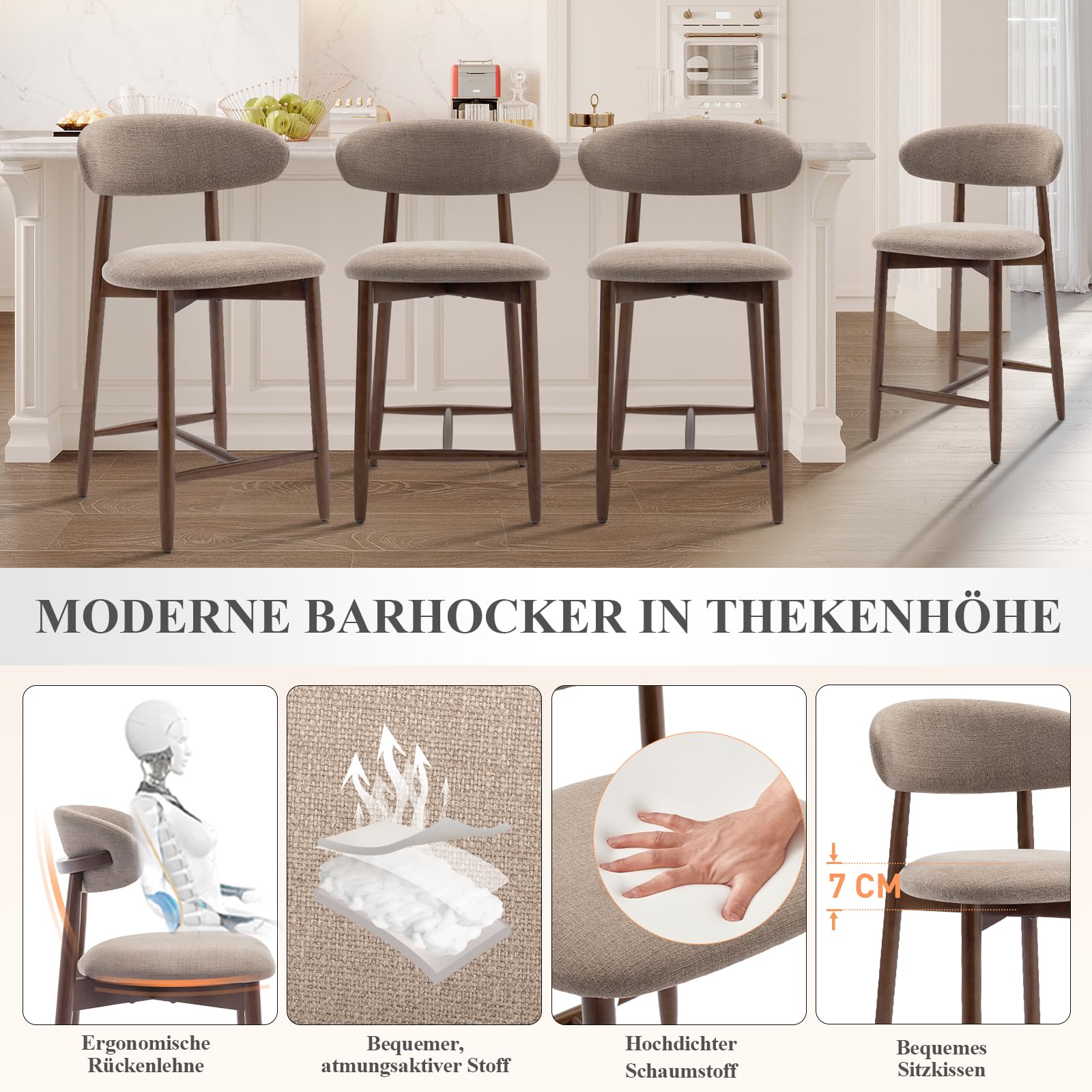 COLAMY Barhocker 2er Set, Bar Hocker mit Lehne, Küchenstühle mit Rückenlehne, Barstuhle mit Holzbeinen für Küche, Bar, Esszimmer, Büro, Kamel