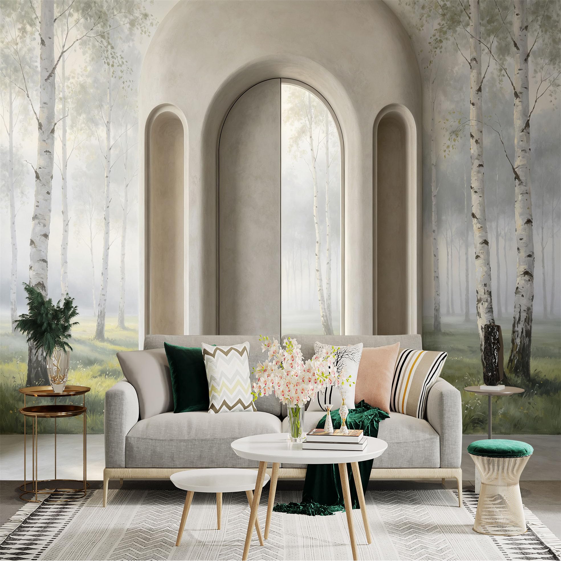 Custom Size Wall Sticker Mural， Misty Birch Forest with Arch Doorway and Soft Nature Landscape， for wall Decoration， peelandstick wall Decals.