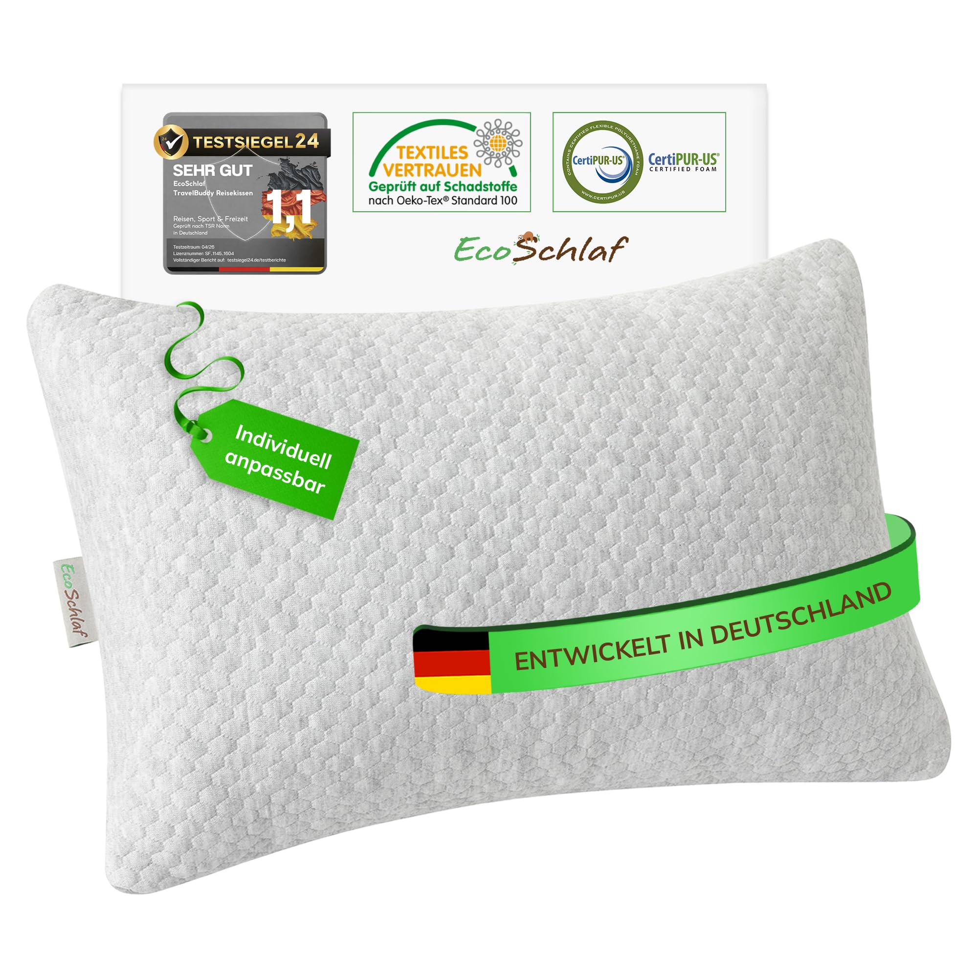 EcoSchlaf® TravelBuddy Reisekissen – kleines Nackenkissen für Flugzeug Camping Auto Bus Zug – einstellbares Travel Pillow aus Memory Foam – ergonomisches Kissen für Outdoor & Reise (Grau)