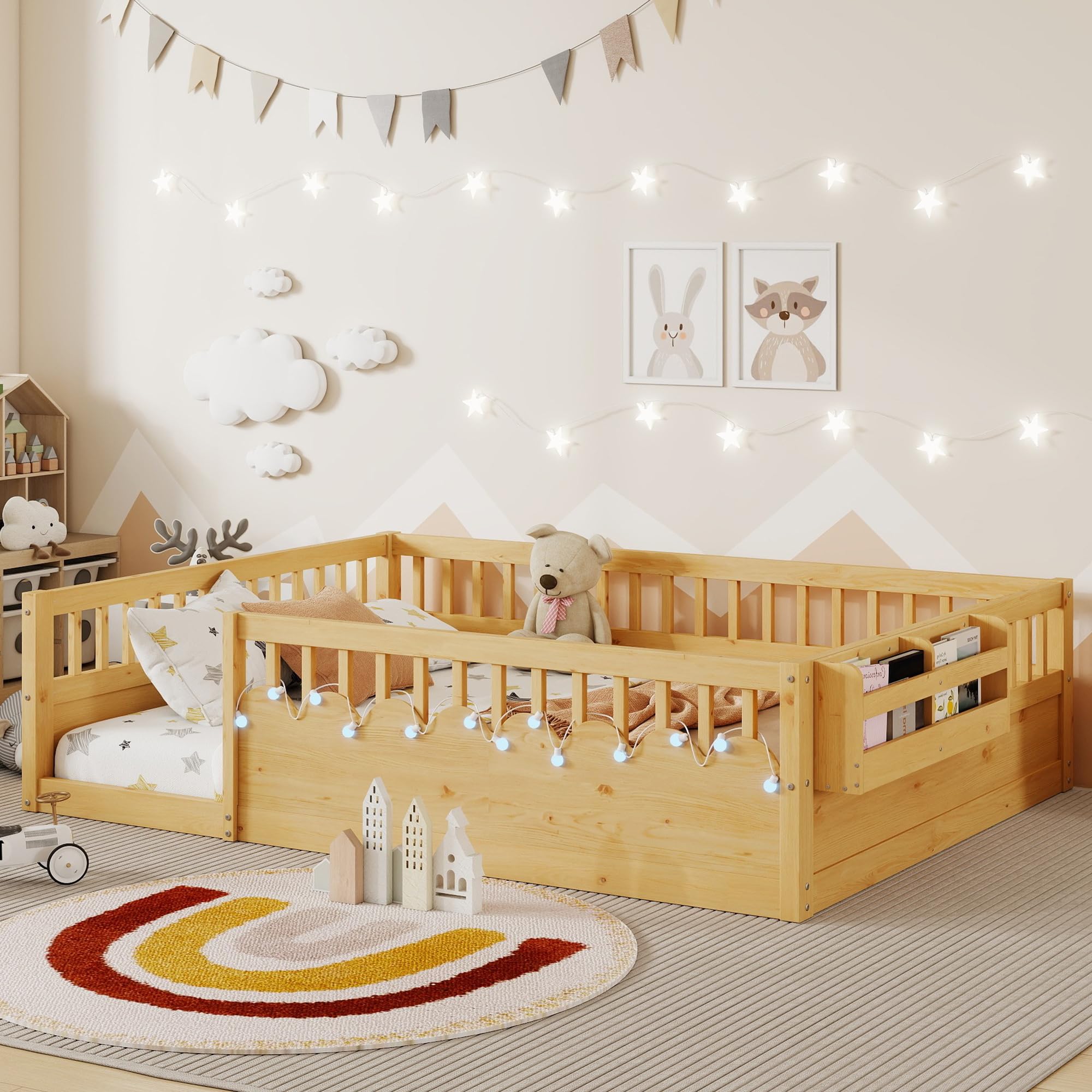 Montessori Floor Bed with High Rails,Full Size Floor Bed Frame for Kids, LED Lights & Storage Shelf, Safe & Wider Opening Gate Design, Playground & Sleep Space for Girls Boys,Natural