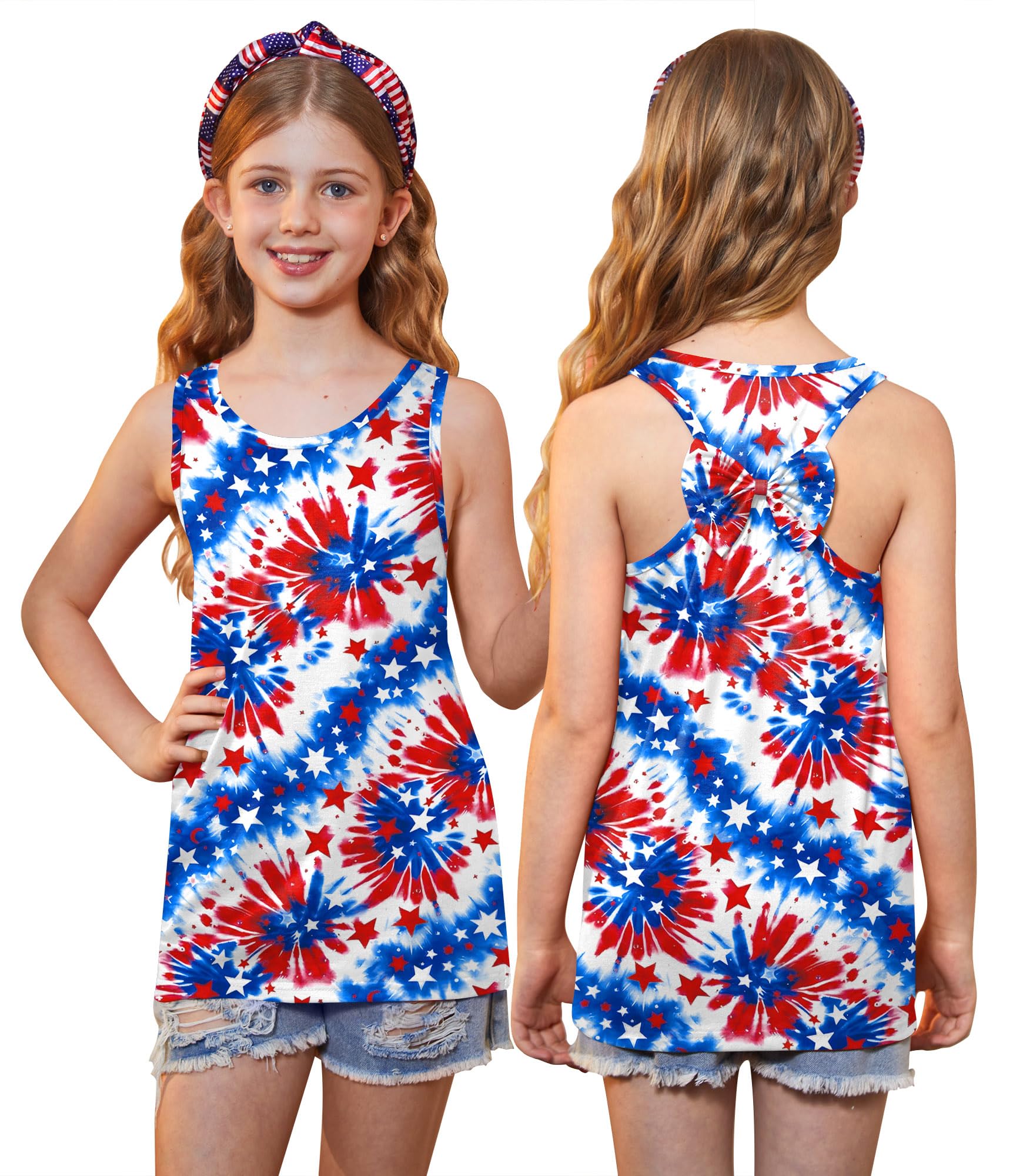 4th of July Girls Flag Tank Top Back Bow Sleeveless Patriotic Holidays T-Shirt 4-14 Years