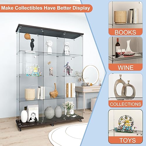 Miniatura 13 de FANYUSHOW Vitrina de cristal templado con 4 estantes con cerradura de seguridad, estante de exhibición de 0.197 in para sala de Blanco,Negro