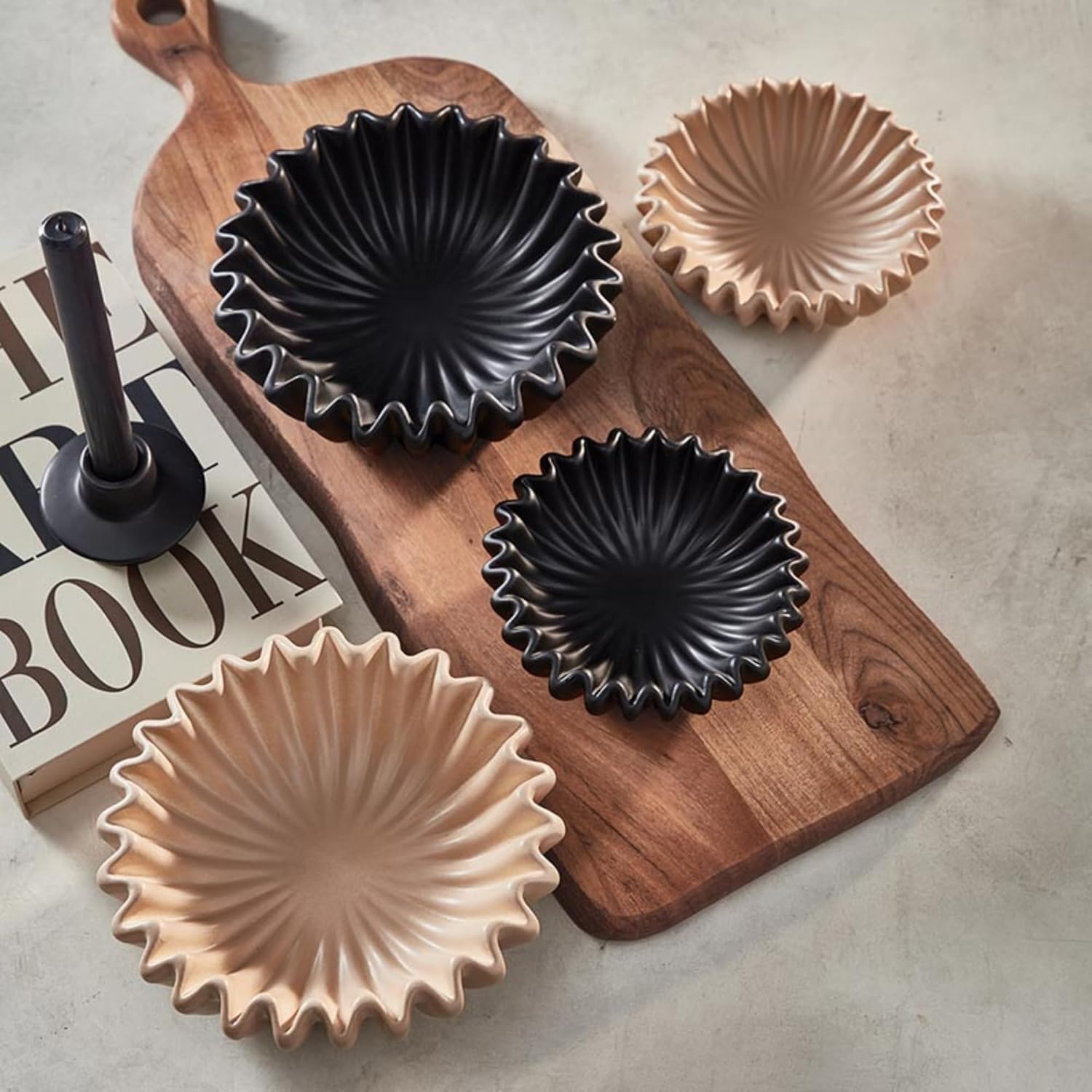 47th & Main Decorative Bowls Ridged Lehriya Ceramic Modern Bowl For Home Décor, Set of 2, Black