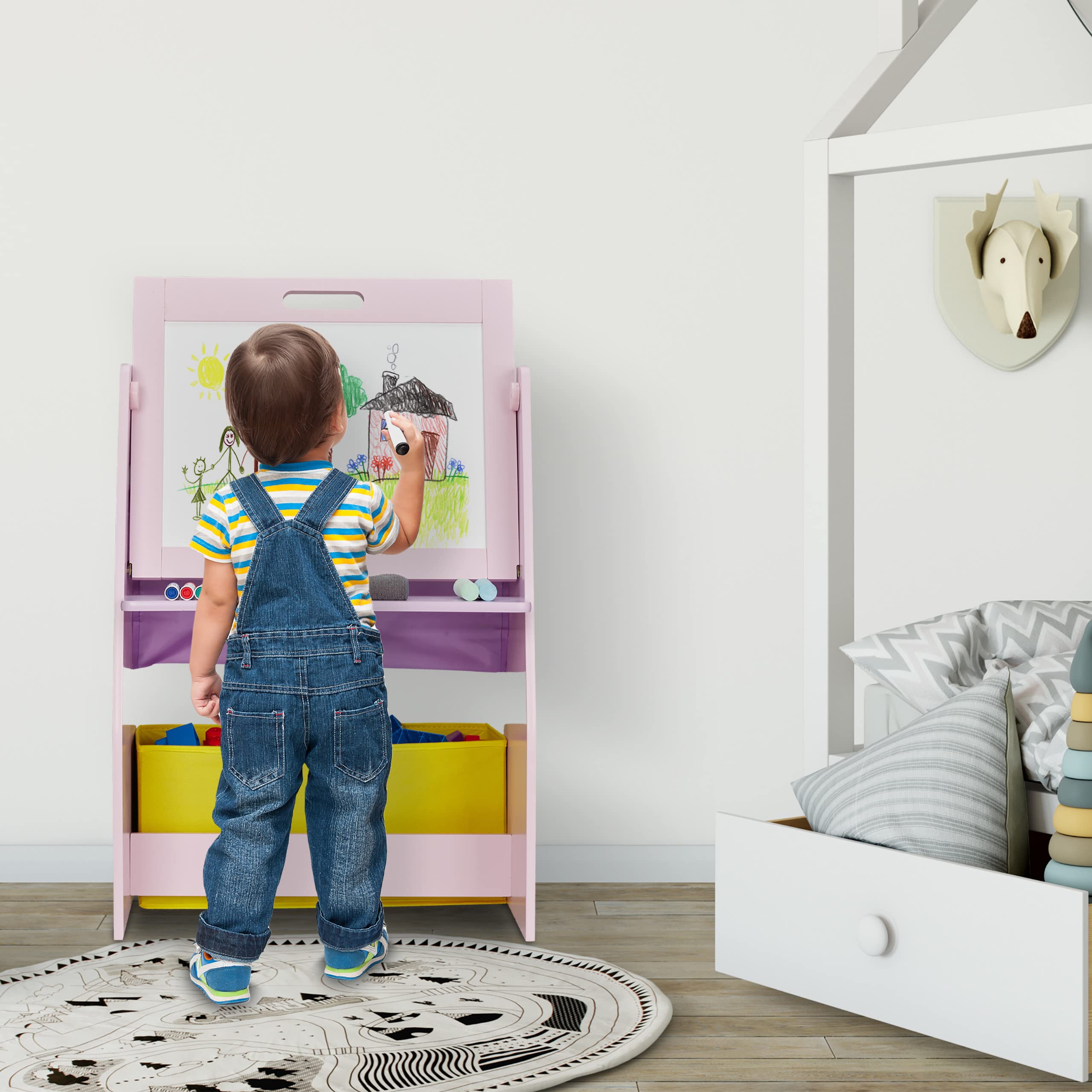 Relaxdays Estantería Infanftil con Pizarra y Taburete, Estante con 2 Compartimentos y 1 Caja de Tela, 84x52x45 cm, Rosa