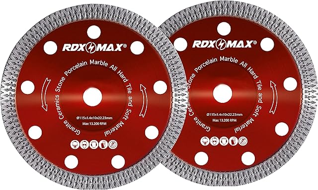 2 RDXMAX ® 115mm Diamond Cutting Discs for Angle Grinder |Super Thin Fast, Clean Cut on Porcelain, Granite, Marble, Concrete, Tiles, Stones, Bricks and Ceramics 4.5" Wheel (Thin 1.4mm)