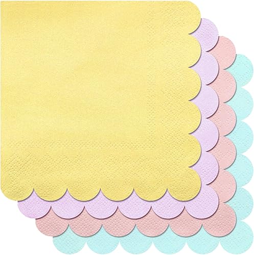 Miniatura 3 de Qilery Paquete de 100 servilletas de cóctel en colores pastel, estilo bohemio, con bordes festoneados, de papel pastel, de arcoíris, servilletas