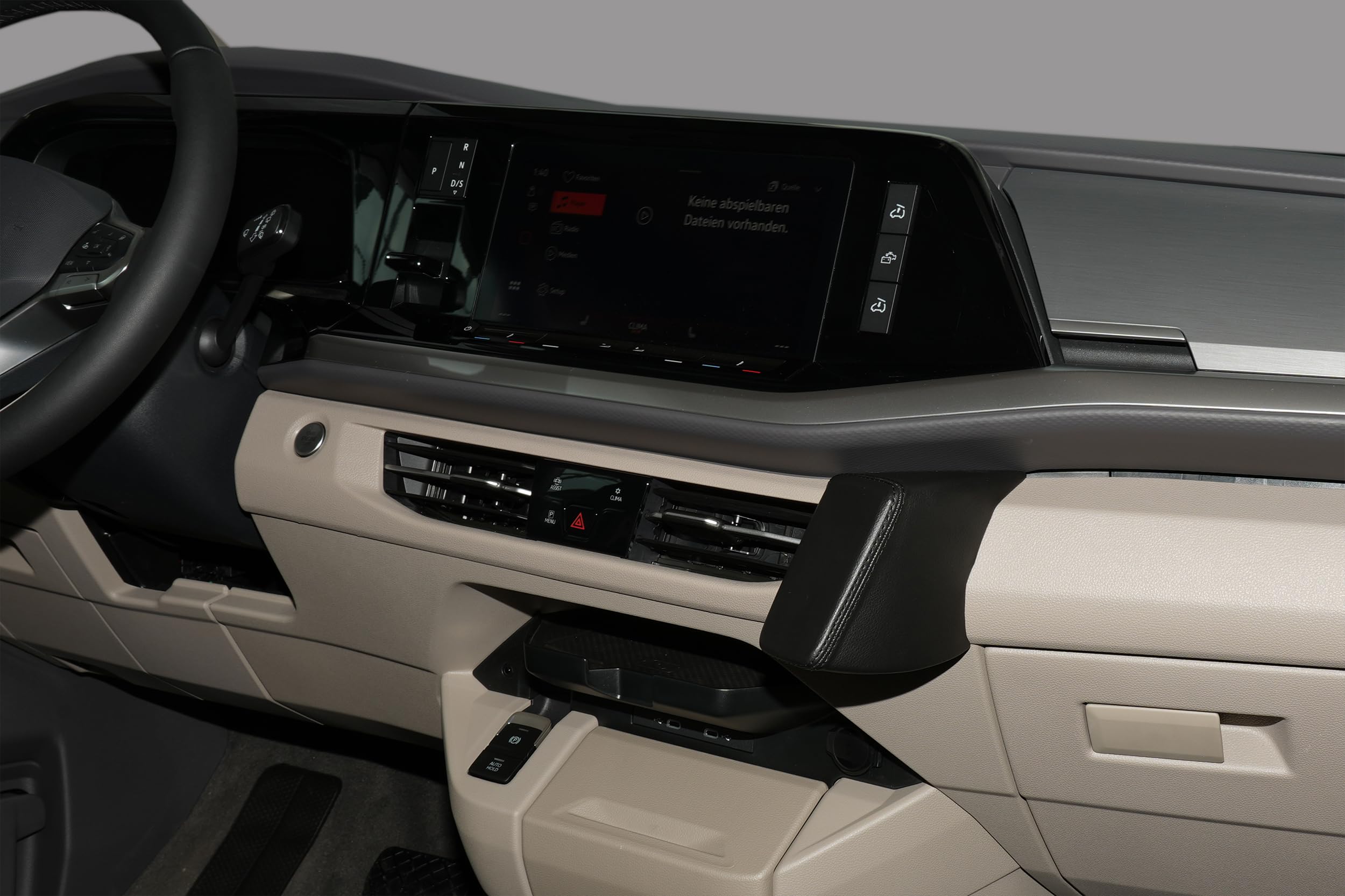 KUDA Supporto per cellulare adatto per VW T7 Multivan dal 2021 e VW California dal 2024, console telefonica per smartphone, cellulare, navigatore e altro ancora, in ecopelle, nero, 4475