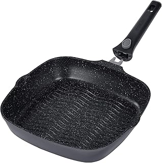 STONELINE SMART Grillpfanne 28 cm, Große Steak Pfanne Aluguss, Abnehmbarem Griff, Pfanne Induktion, Alle Herdarten, Antihaftbeschichtet mit echten Steinpartikeln, Grau