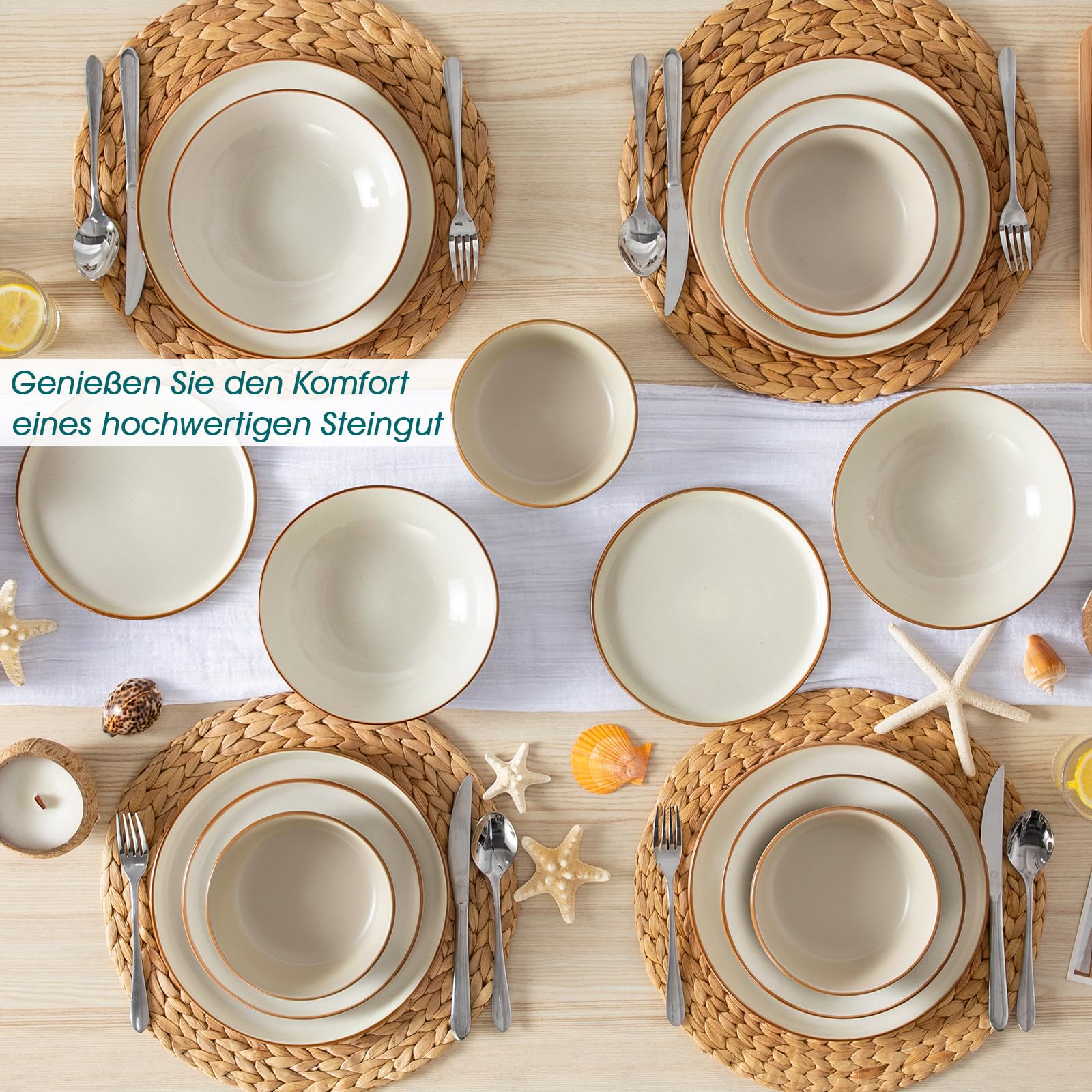 Geschirrset 6 Personen, vancasso RENO 24-tlg Steingut Teller Set Modern, Tafelservice mit Speiseteller, Suppenteller, Dessertteller, Schüsseln, Geschirr Spülmaschinenfest & Mikrowellengeeignet, Beige