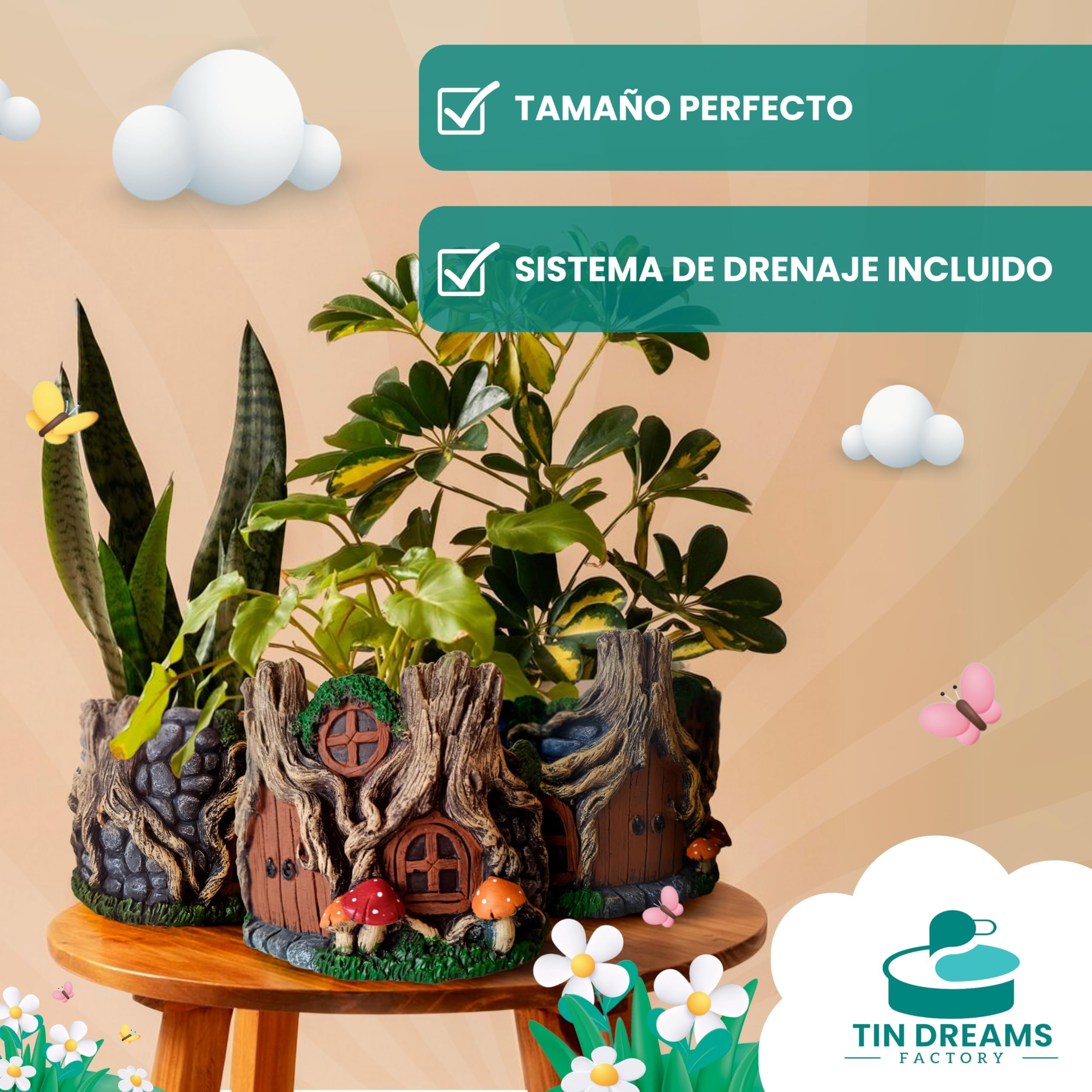 Macetas De Tronco Maceta Exterior Interior Maceta Tronco Encantado De Hormigón Pintado A Mano - Decoración De Fantasía Para Jardín O Interior. Con Drenaje Y Diseño De Setas. Maceta Tronco Fantasia Hormigón