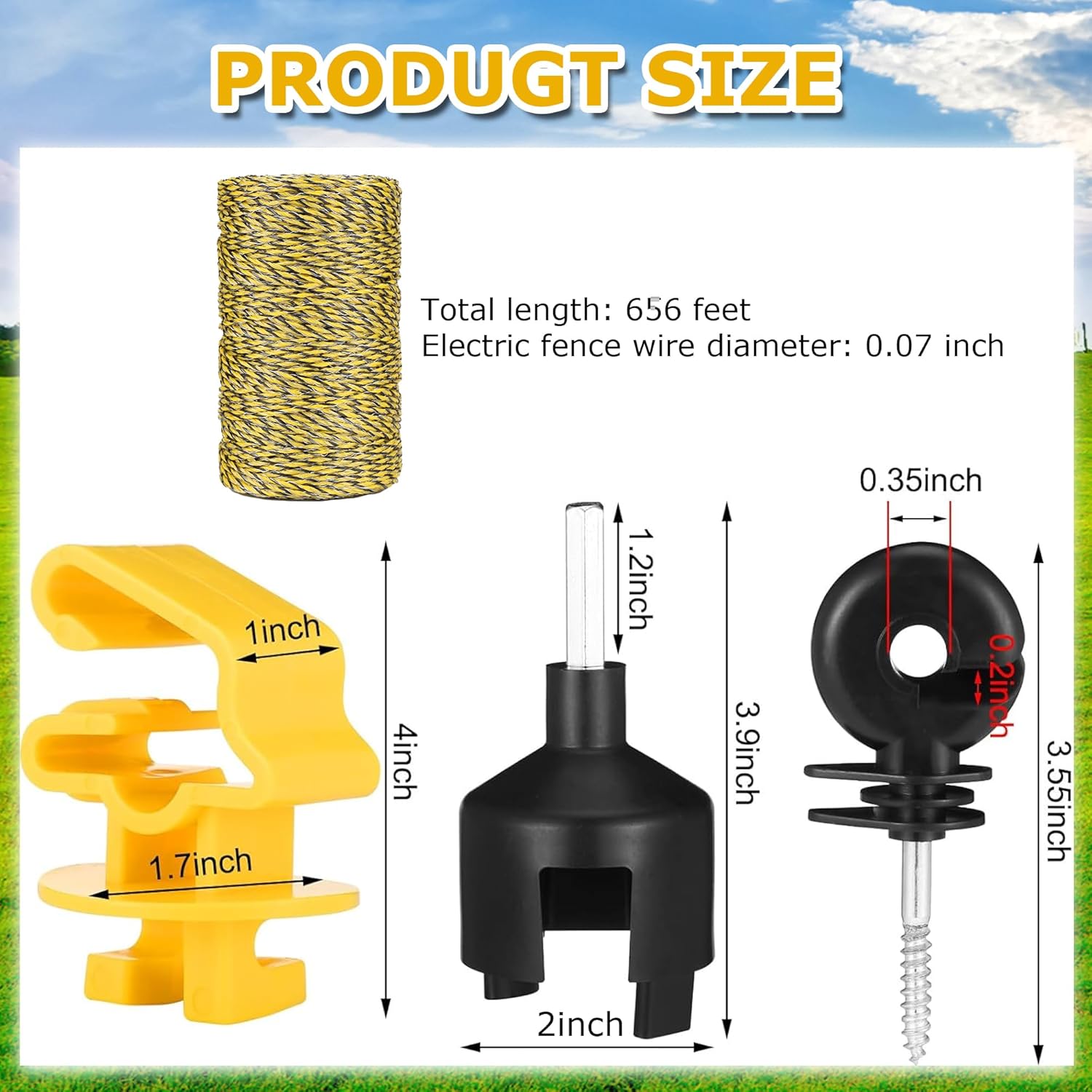 62 Pcs Electric Fence Wire Kit Include 656 ft 200 Meters Electric Fence Polywire, 25 PCS Black Fence Insulator, 25 PCS T Post Insulator, 1 Pcs Insulator Socket Tool, 10 PCS M4 Poly Rope Connectors