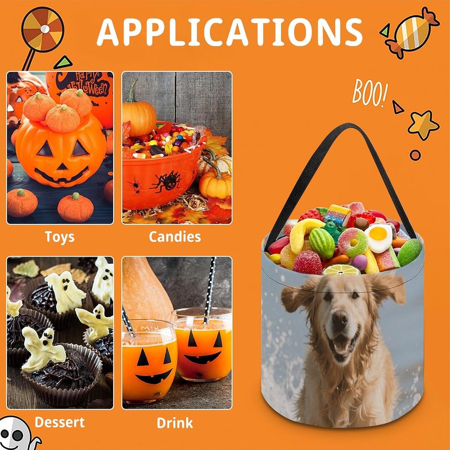 Reusable Cute Golden Retriever Halloween Candy Bucket with Handle image 3
