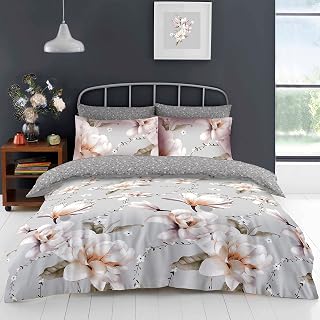 Super Dreamer 4 Pcs Kingsize Bedding Set with Fitted Sheet- Reversible Flower Printed Pillow cases- Polycotton Fabric Floral Bedding Quilt Covers