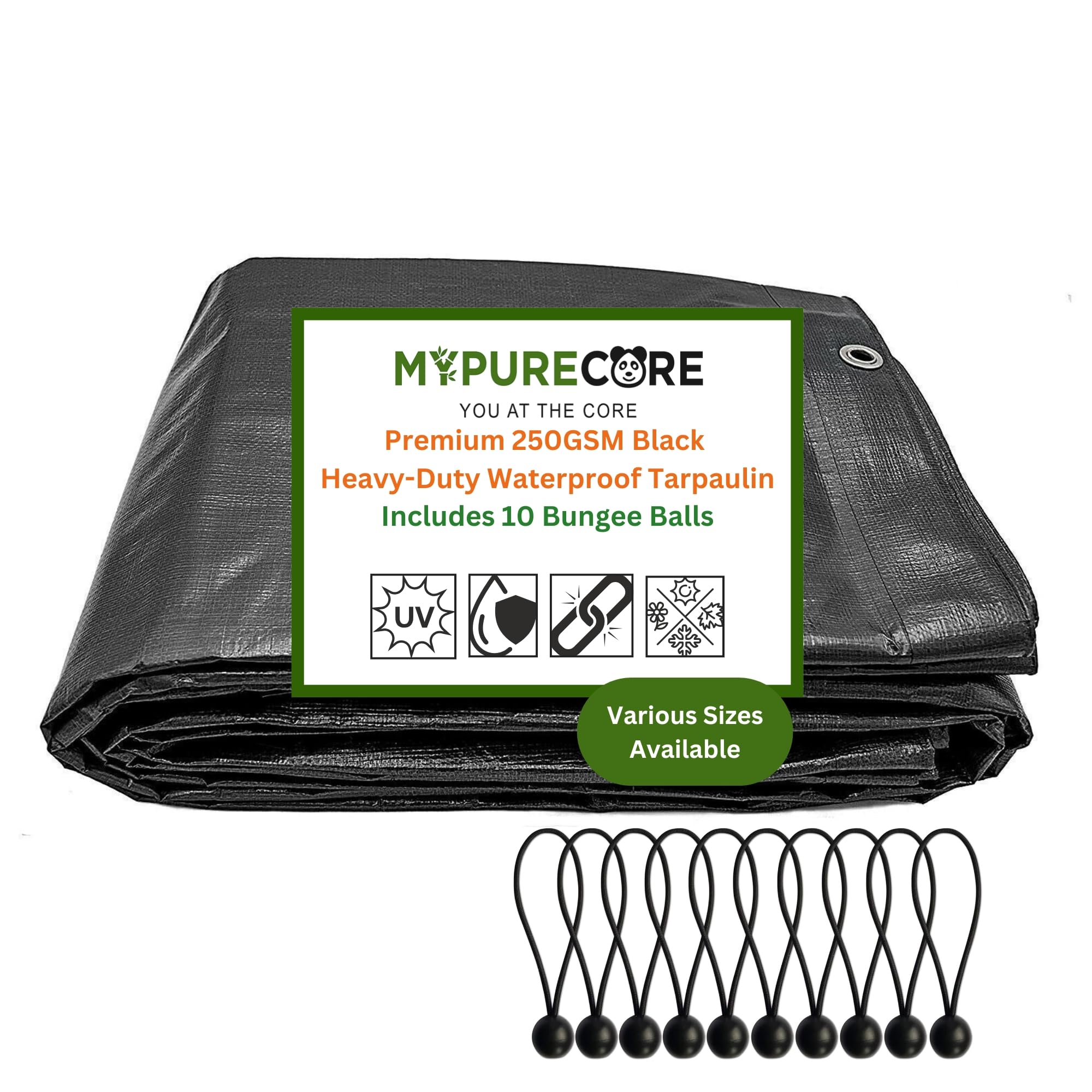 MYPURECORE Heavy Duty Waterproof Tarpaulin with 10 Bungee Balls – 250GSM Black Tarp for Outdoor Use – Durable Weatherproof Sheet for Camping, Garden, Trailer Tarp & Tent Protection (5m x 8m)