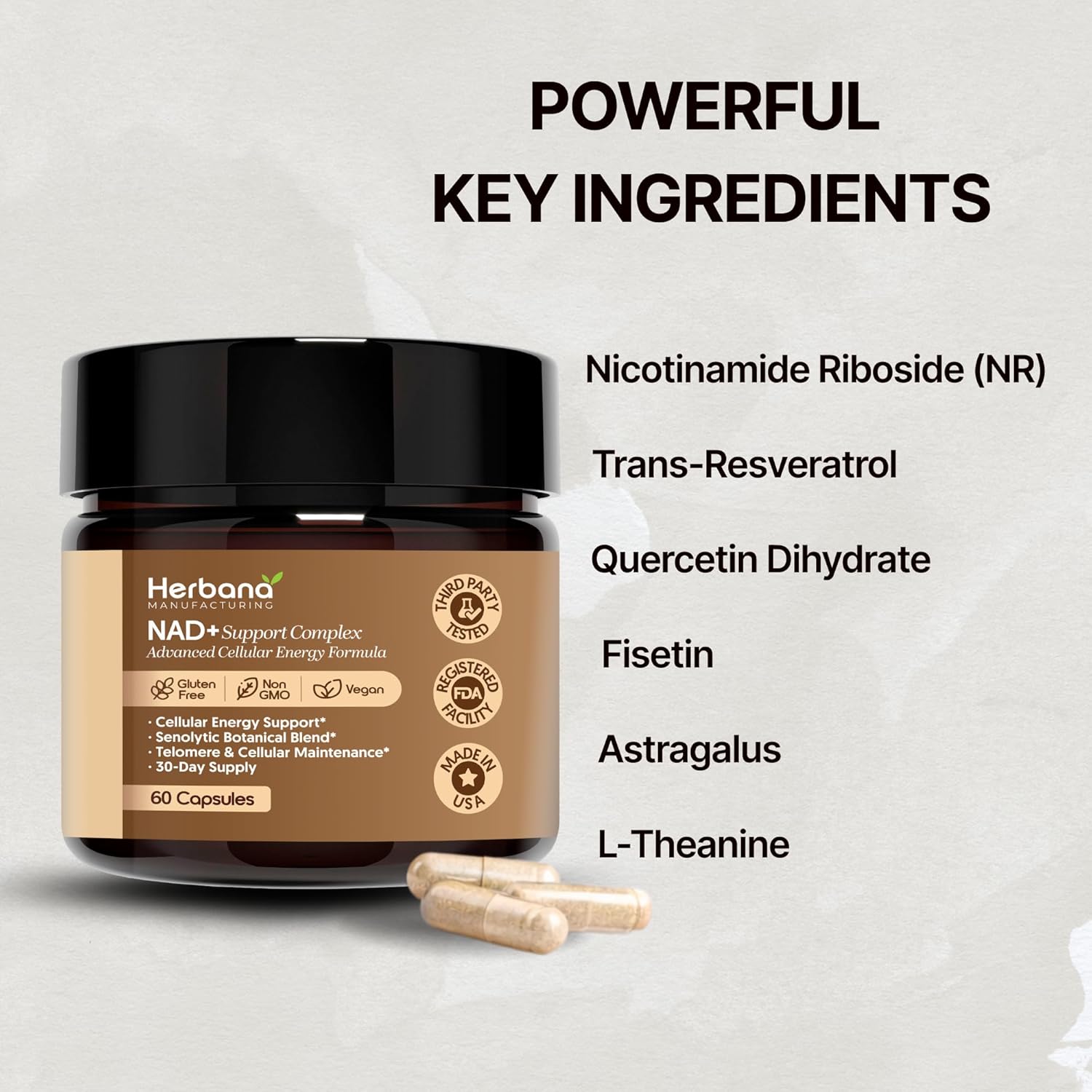 Herbana NAD+ Support Complex, Advanced Cellular Energy Formula with Nicotinamide Riboside, Trans-Resveratrol, Quercetin, 60 Capsules, 30-Day Supply